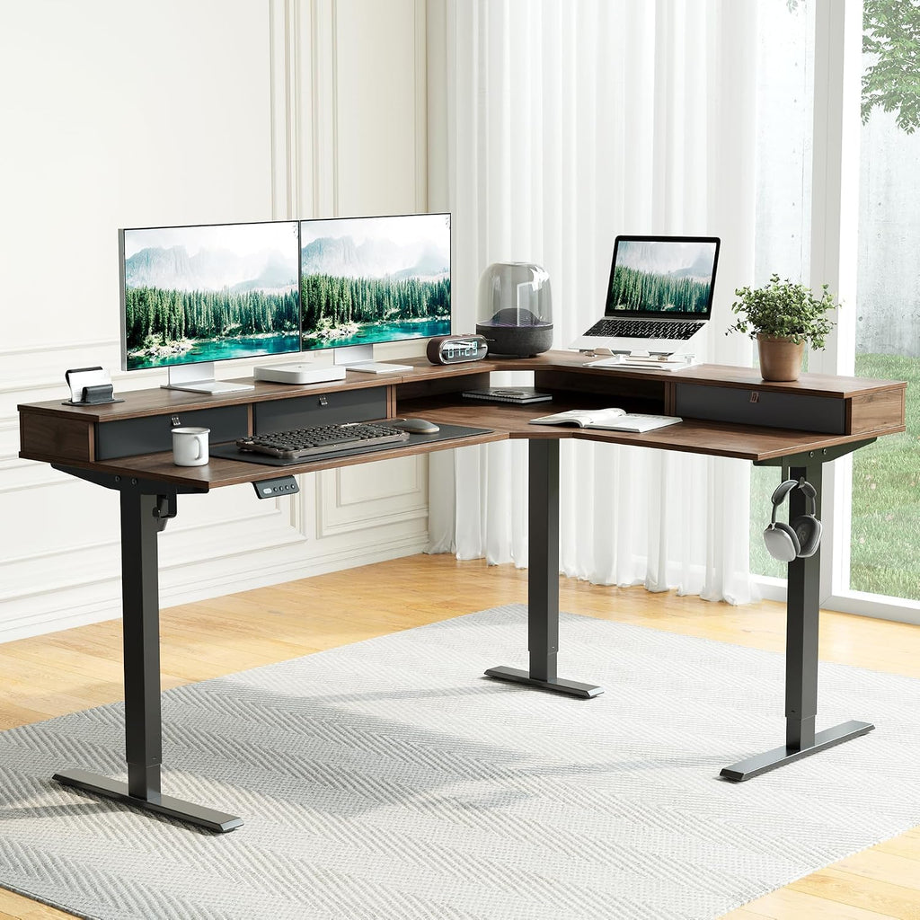 FEZIBO L-Shaped Electric Standing Desk, 63 x 48 Inches Height Adjustable, Reversible Tabletop, Corner Desk with Drawers, Ergonomic Computer Table, Black Walnut Top
