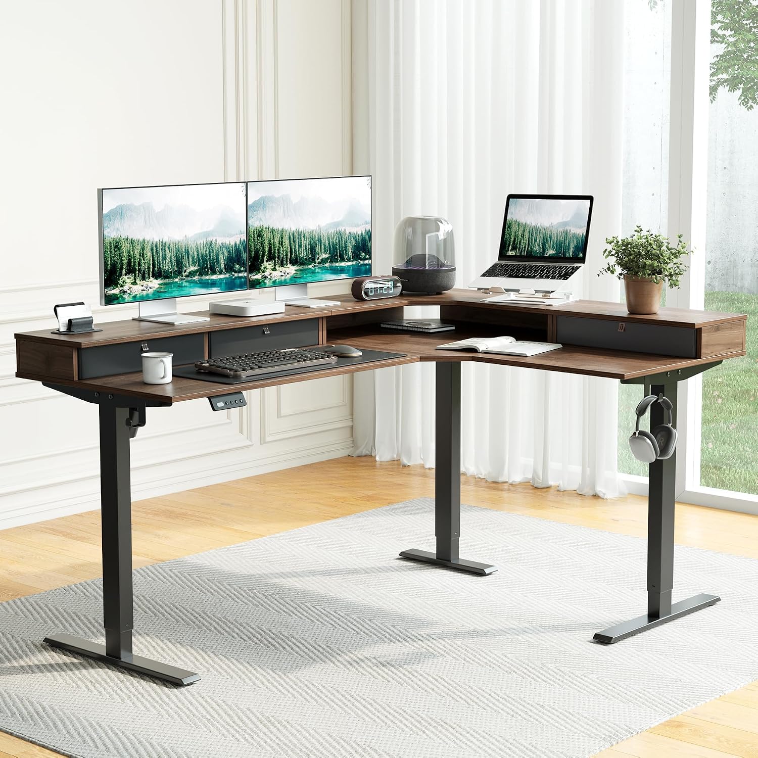 FEZIBO L-Shaped Electric Standing Desk, 63 x 48 Inches Height Adjustable, Reversible Tabletop, Corner Desk with Drawers, Ergonomic Computer Table, Black Walnut Top
