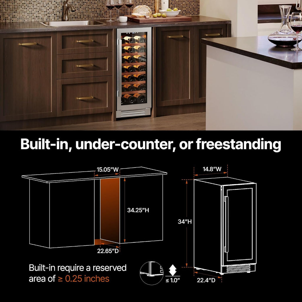 Ca'Lefort 15 Inch Wine Fridge, 33 Bottles 40-65°F Wine Cooler, Adjustable Shelves & 3 LED Light, Wine Refrigerator with Glass Door, Built-in Under Counter Freestanding for Home/Kitchen/Bar