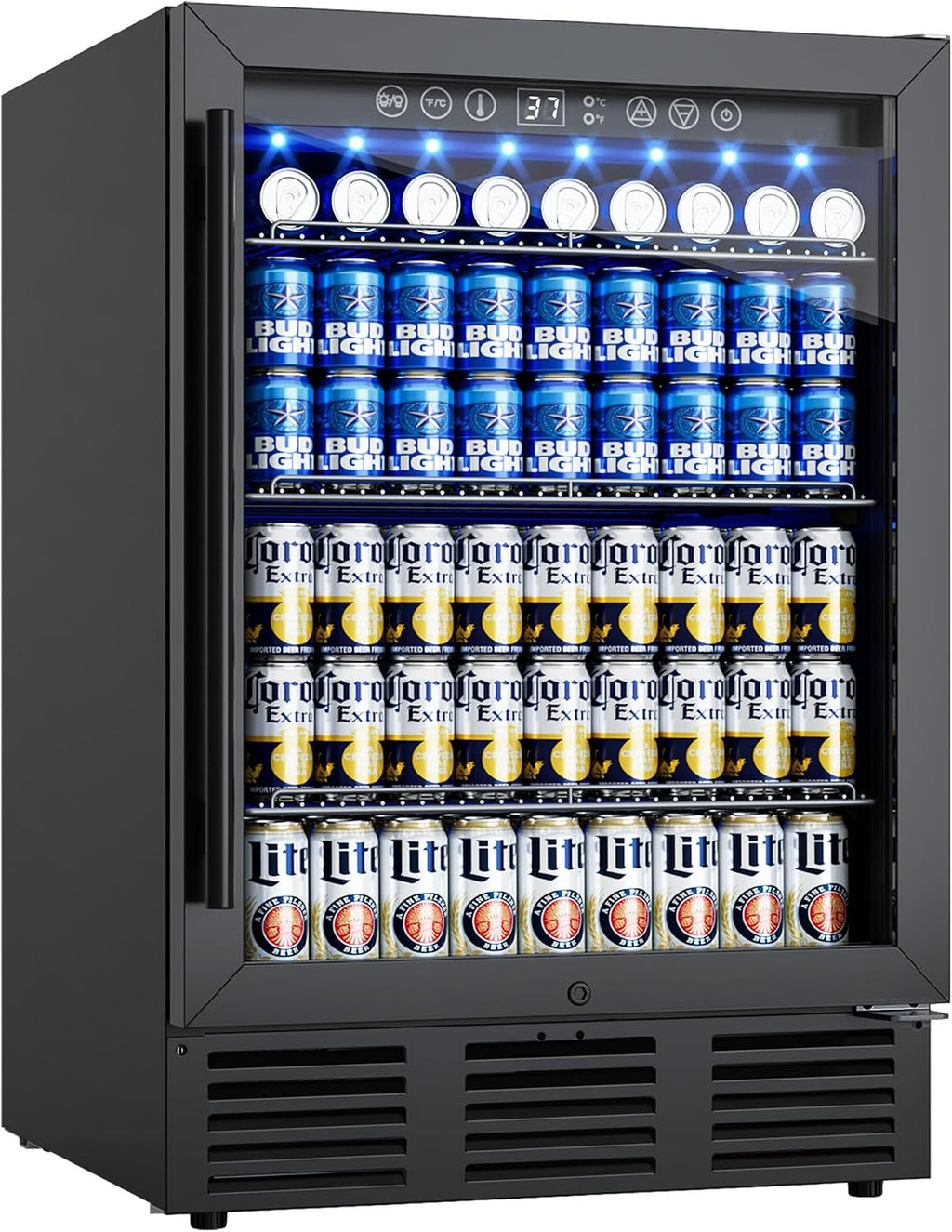 24 Inch Beverage Refrigerator, 180 Cans Beverage Refrigerator with Glass Door, LED Light, Under Counter Refrigerator for Soda, Water, Wine, Drink Fridge for Home, Bar or Office