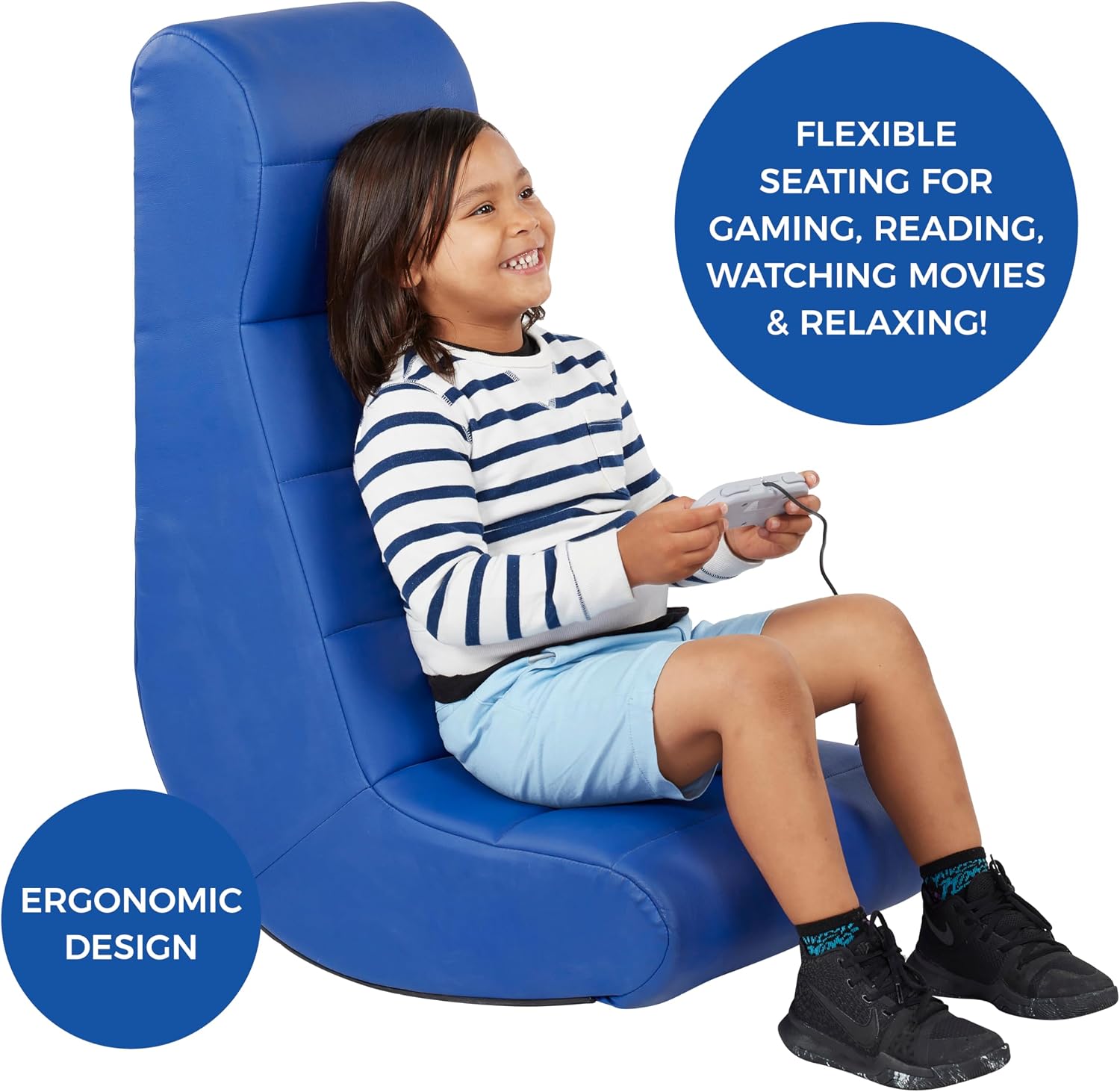 Factory Direct Partners Soft Ergonomic Horizontal Soft Floor Video Rocker - Cushioned Ground Chair Great for Reading, Gaming or Watching TV for Kids, Teens and Adults - Blue, 10489-BL