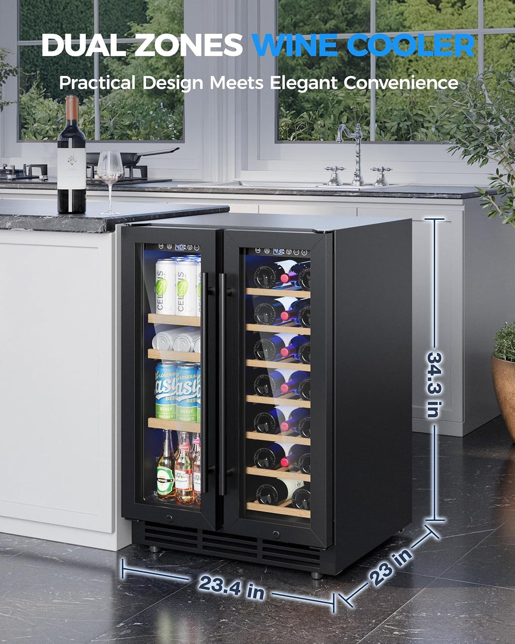 Wine and Beverage Refrigerator, 24 Inch Beverage Refrigerator with Glass Door, Wine Fridge Holds 20 Bottles & 60 Cans, Under Counter Refrigerator with Quiet Cooling System & LED Light