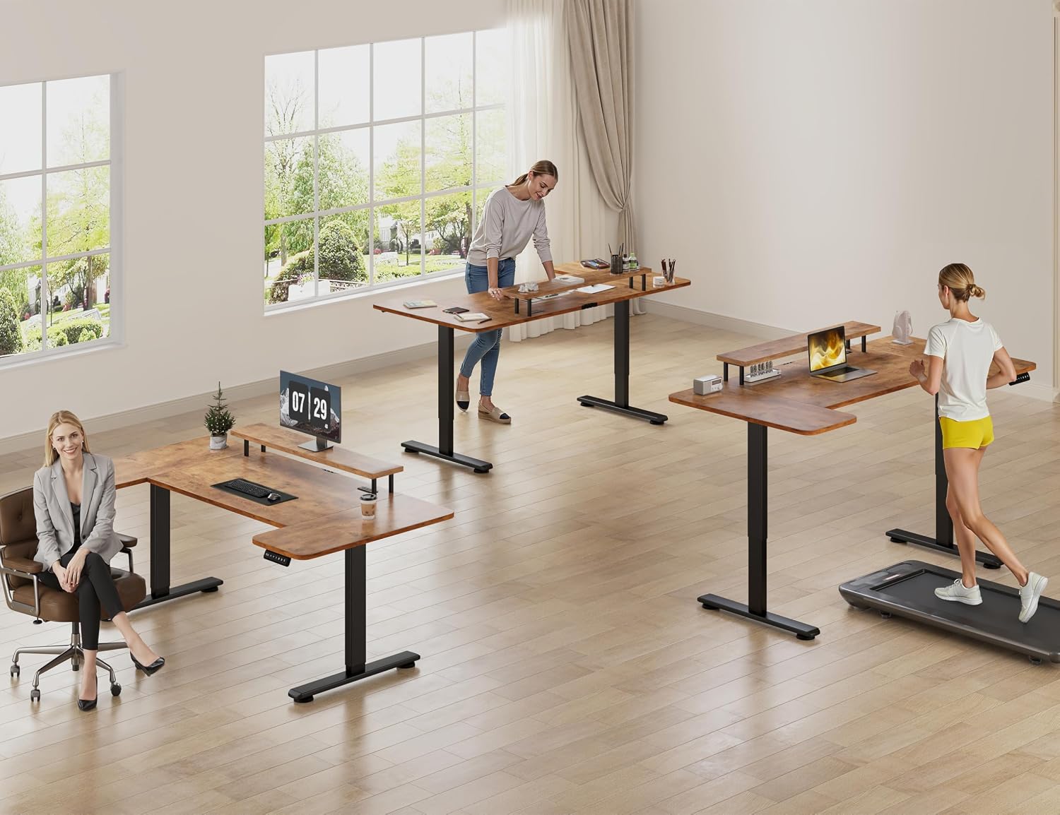 EnHomee 71 x 36 Inch U Shaped Electric Standing Desk, Height Adjustable Desk with Power Outlet, 3 Memory Height Preset, Monitor Shelf for Home Office Work Study Gaming, Brown