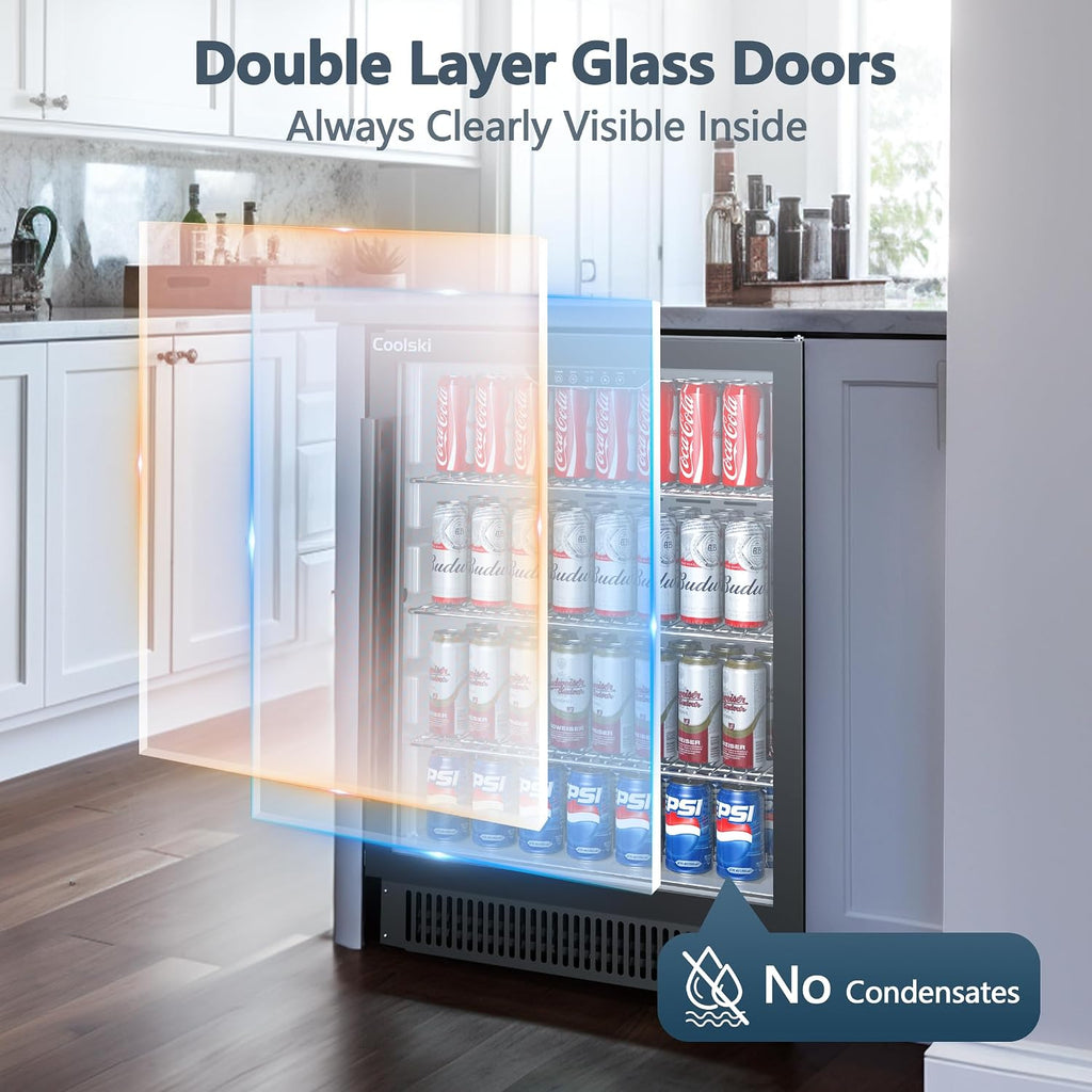 Coolski Beverage Refrigerator, 24 Inch Under Counter Beverage Fridge, 180 Cans Built-In or Freestanding Beverage Cooler with Glass Door for Home Bar Kitchen, ETL, DOE, NSF Approved