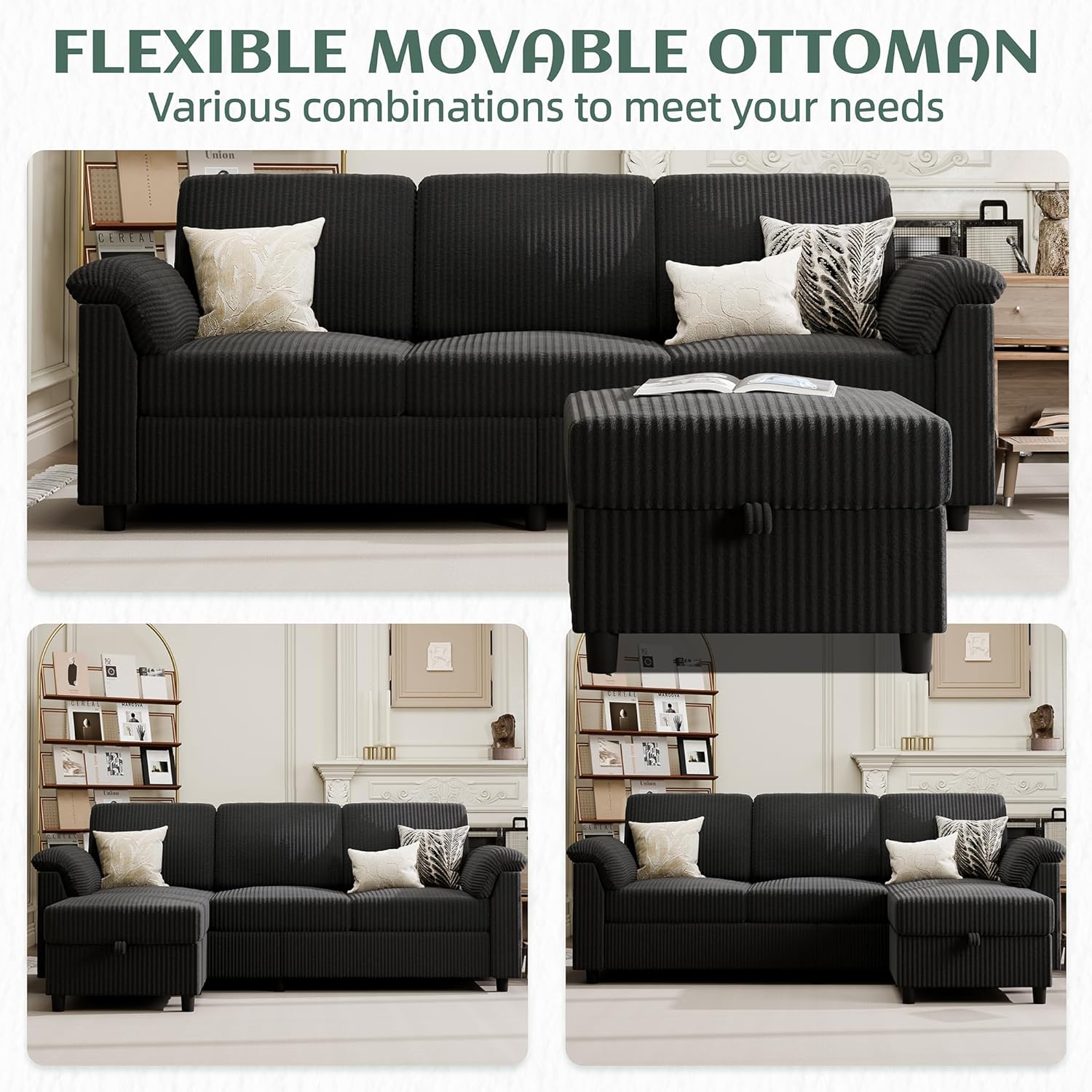 Vongrasig Convertible Sectional Couches, 3 Seat L Shaped Couch Sofa with Removable Pillows Soft Corduroy Fabric Small Couch Mid Century for Living Room, Apartment and Office Black