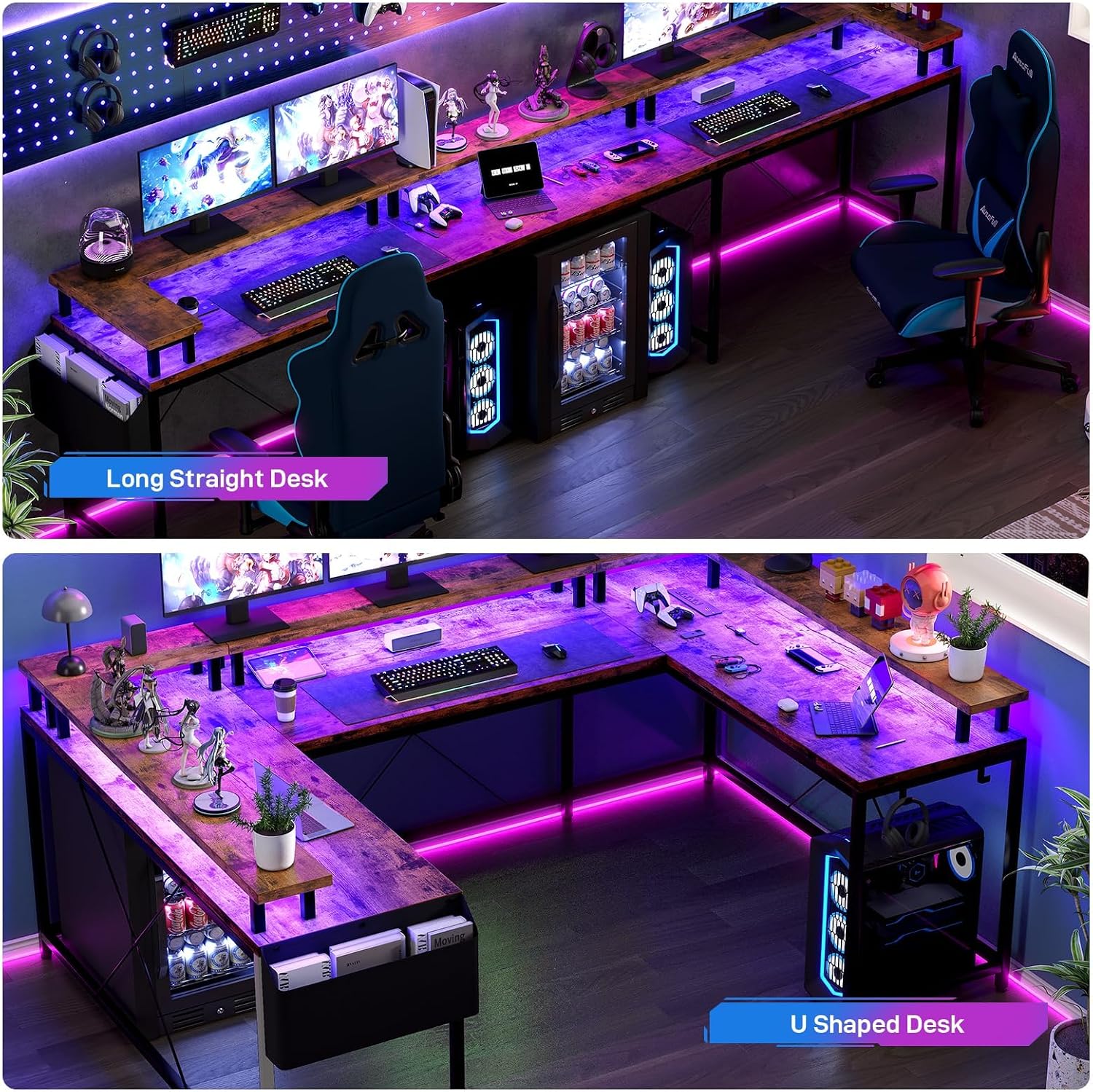 126' U Shaped Gaming Desk, Power Outlets & USB Ports, Reversible Corner Computer Desk with Monitor Stand, RGB LED Lights, Storage Shelves & Bag, Gaming Desk for Home Office, Tiger Stripes, Rustic Brow