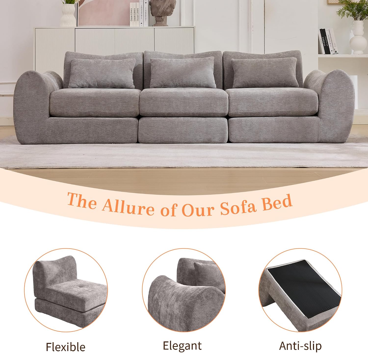 MAXMAXX 102' Cloud Sofa, 4-in-1 Folding Sofa Bed, Floor-Standing Boneless Couch, Futon Sofa Bed for Living Room, Bedroom and Entertainment Room(Gray)