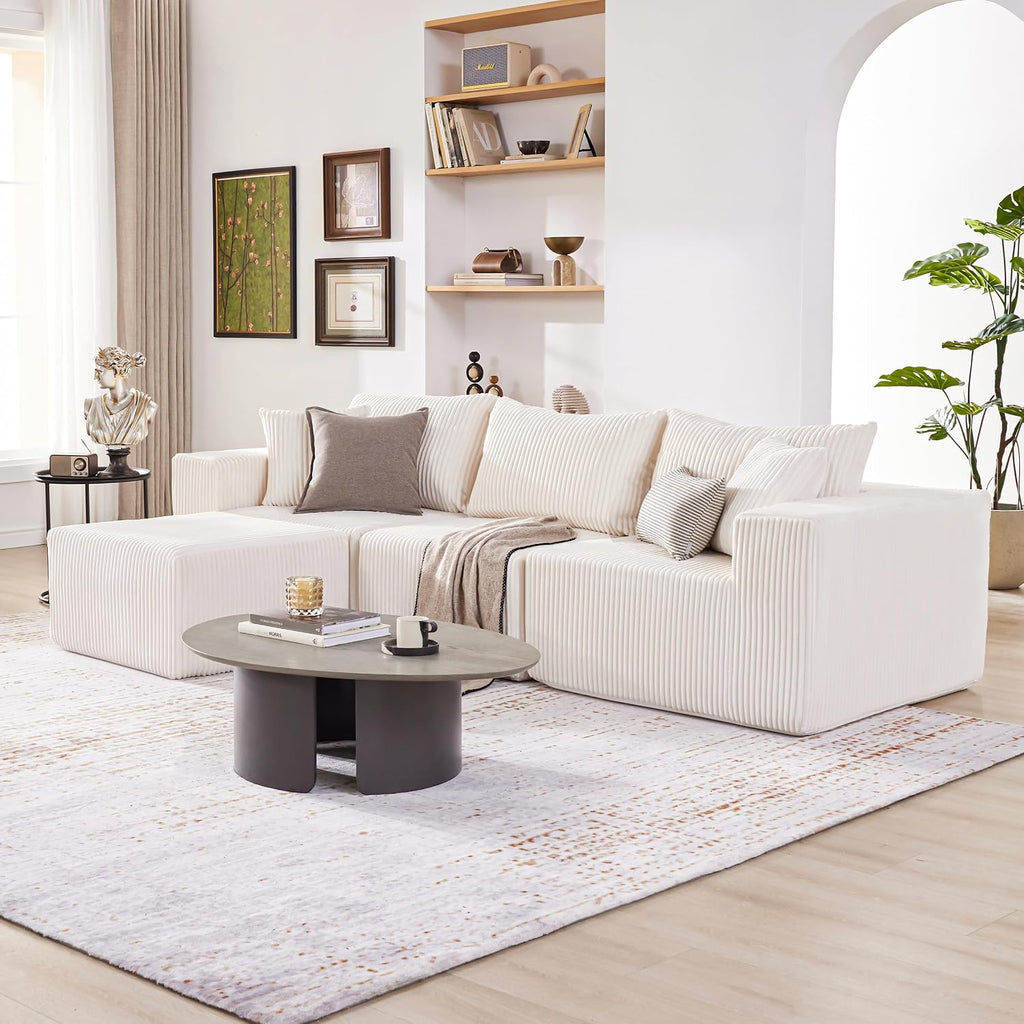 Weture 107.4' Cloud Couch Sectional, Modular Sofa with Deep Seat, Plush Corduroy L Shaped Boneless Couch, Convertible Sectional Couches for Living Room, 4Seat, Beige