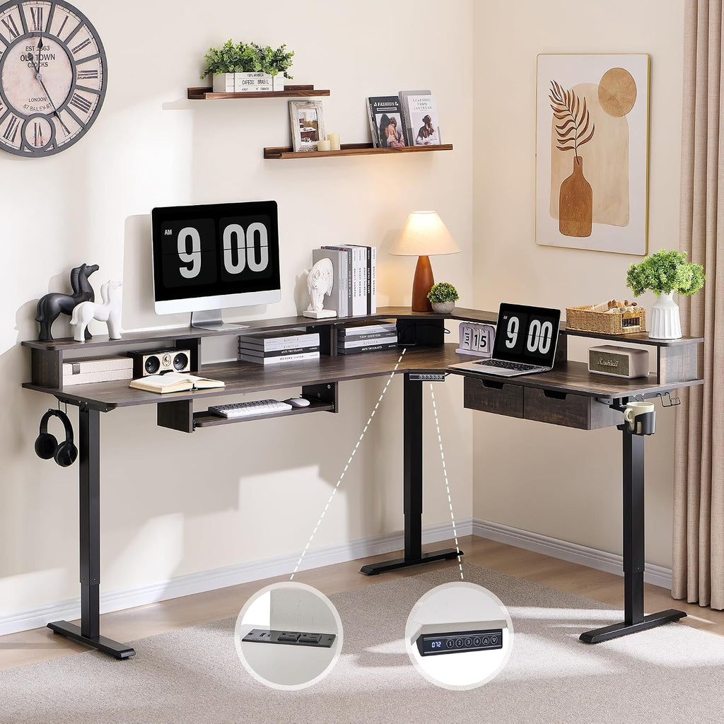 RedLemon 75X60 Inches L Shaped Electric Standing Desk,Height Adjustable Corner Gaming Desk with Drawers, Keyboard Tray, Power Outlets & LED Lights, Computer Desk with Monitor Shelf, Dark Rustic Oak