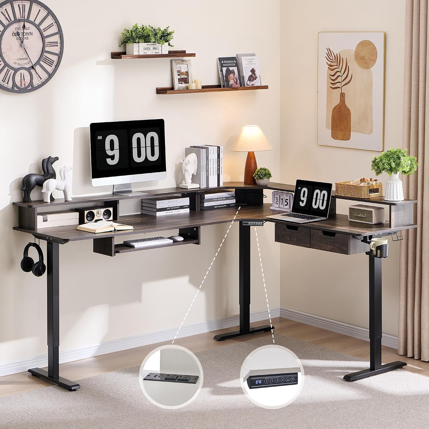RedLemon 75X60 Inches L Shaped Electric Standing Desk,Height Adjustable Corner Gaming Desk with Drawers, Keyboard Tray, Power Outlets & LED Lights, Computer Desk with Monitor Shelf, Dark Rustic Oak