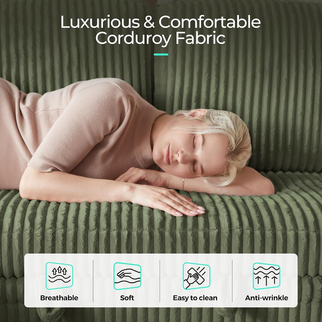 LINSY HOME Sectional Sleeper Sofa with Pull Out Couch Bed Convertible Plush Corduroy Cloud Couch with Storage Chaise & USB Charging, Comfy L Shaped Modular Couches for Living Room Apartment (Green)