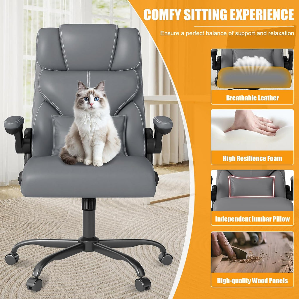 Executive Office Chair with Flip-up Armrests,Ergonomic Computer Desk Chairs,Mid-Tall Back Leather Office Chair 400 Lbs,Lumbar Support Swivel PC Chair with Rocking Function