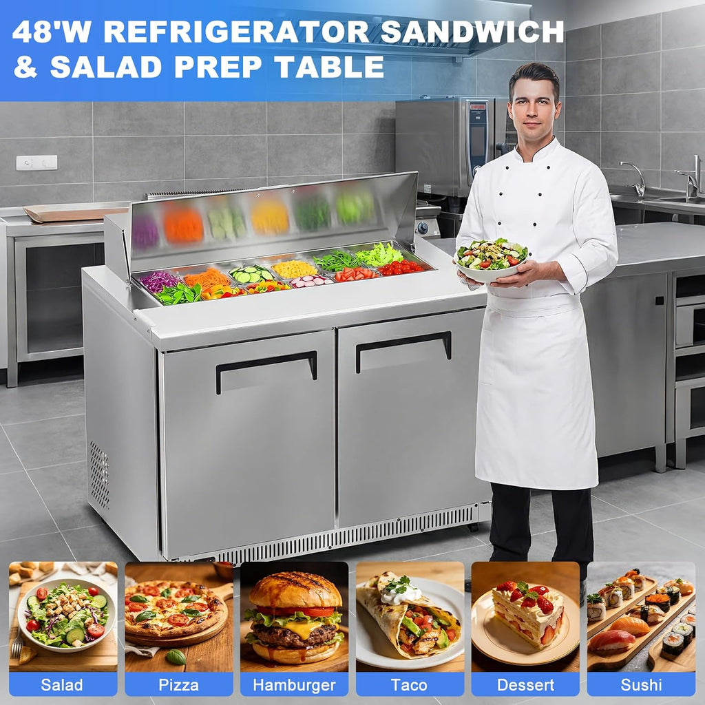 Tylza 48' Commercial Refrigerator, 12.7 Cu.Ft Sandwich Salad Prep Table, Mega Top Worktop Fridge w/ 12 Pans & Cutting Board, 2-Door Stainless Steel Salad Prep Cooler for Restaurant & Food Truck
