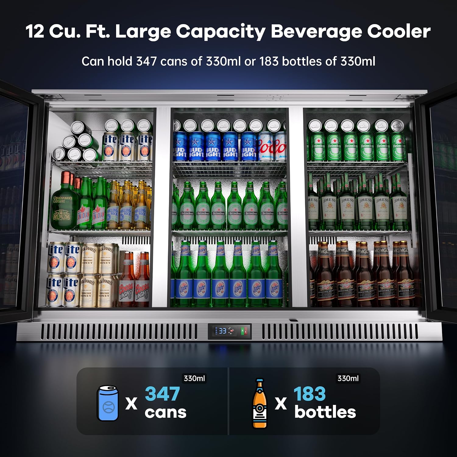 Coolski 53 Inch Beverage Refrigerator with 3 Doors, Commercial Back Bar Cooler for Beer Soda, Undercounter Display Fridge for Bar Restaurant Home, 12 Cu.Ft. LED Lighting ETL NSF Approved