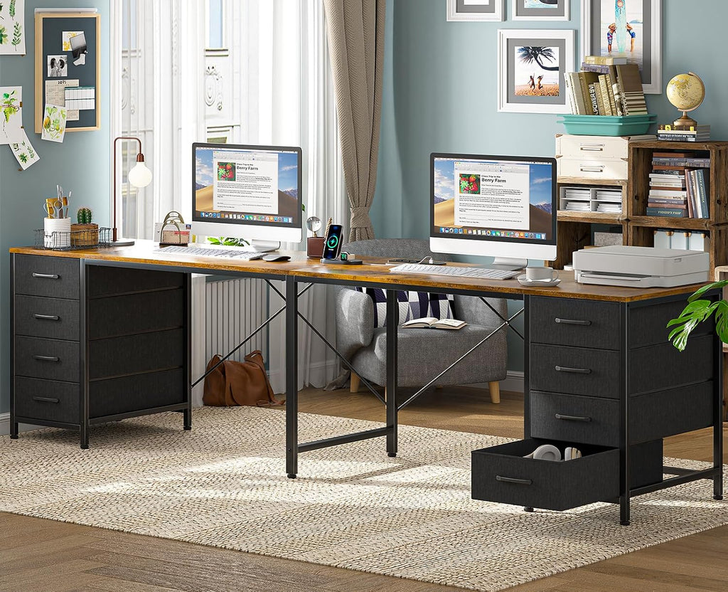 TVU 95' 2 Person Desk with 8 Drawers, Large Writing Home Office Desks with Outlets, I Shaped Workstation Double Desk Drawer Organizers (Rustic)