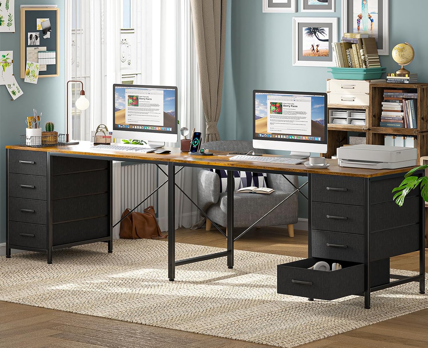 TVU 95' 2 Person Desk with 8 Drawers, Large Writing Home Office Desks with Outlets, I Shaped Workstation Double Desk Drawer Organizers (Rustic)