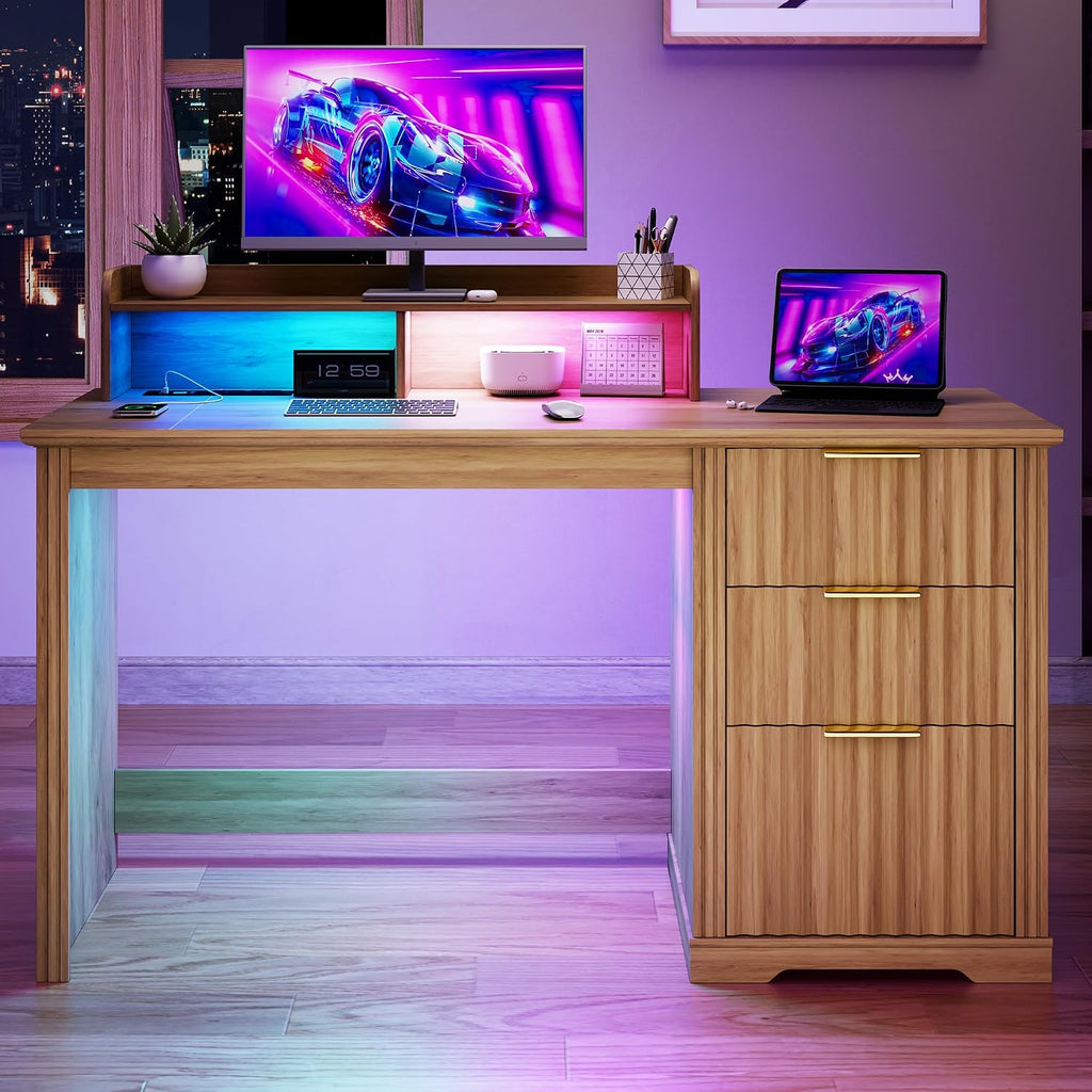 Lareth Computer Desk with Monitor Stand, 47 inch Home Office Desk with RGB LED Lights and Power Outlets, Writing Desk with Storage File Drawer for Working Gaming Writing, Wood