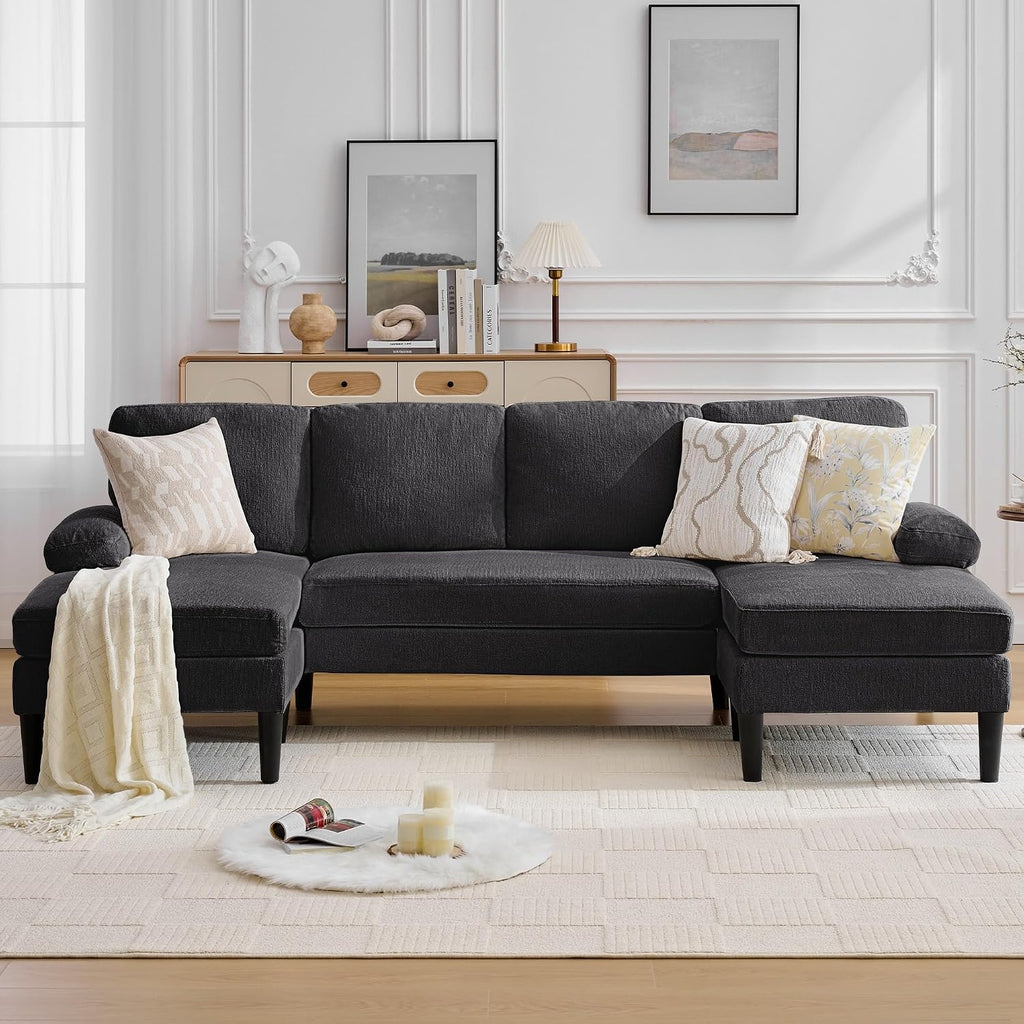 Korser 101' Sectional Couches for Living Room, U Shaped Sofa with Double Chaise Lounge, Modern Chenille Fabric 4-Seat Couch for Apartment/Small Space, Grey