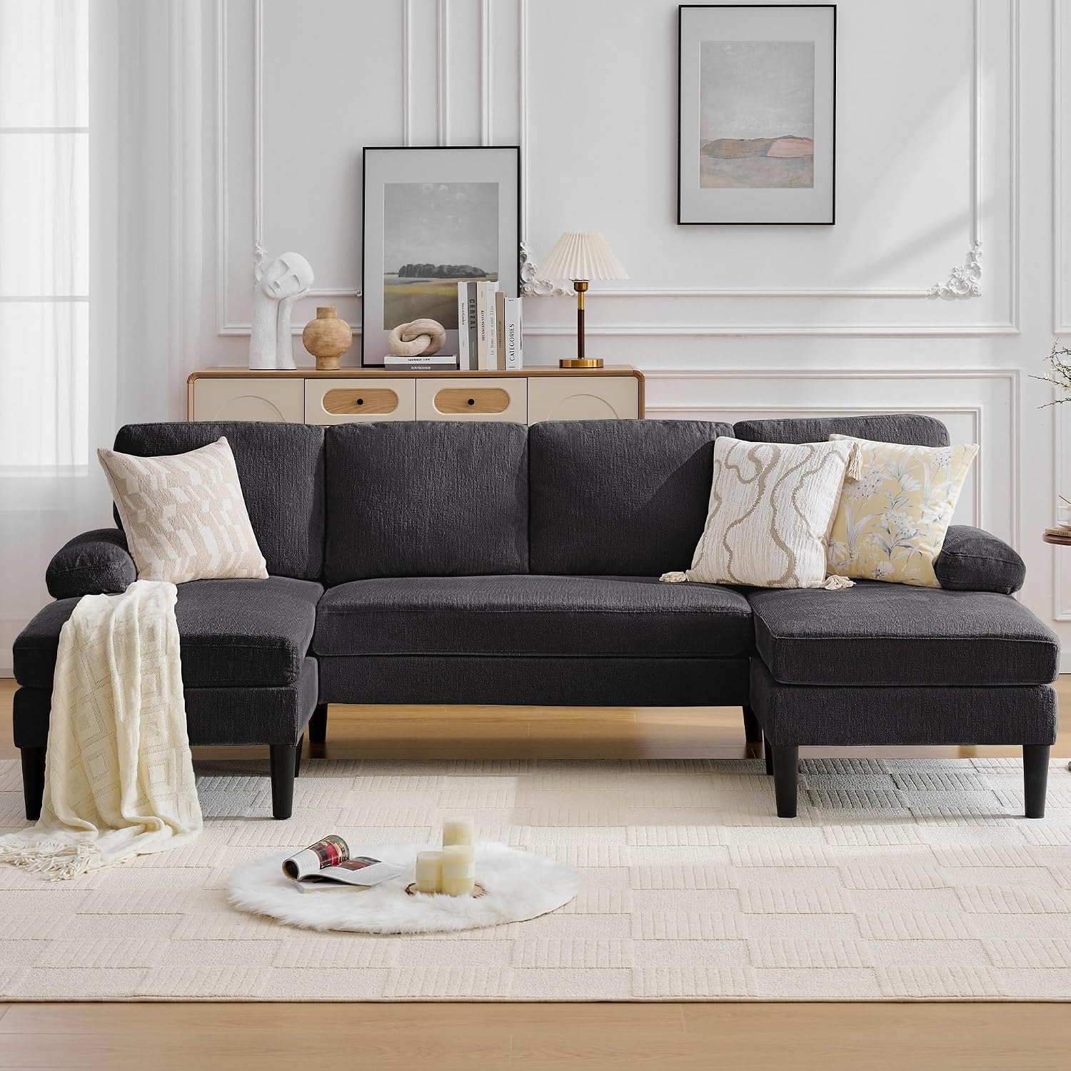 Korser 101' Sectional Couches for Living Room, U Shaped Sofa with Double Chaise Lounge, Modern Chenille Fabric 4-Seat Couch for Apartment/Small Space, Grey