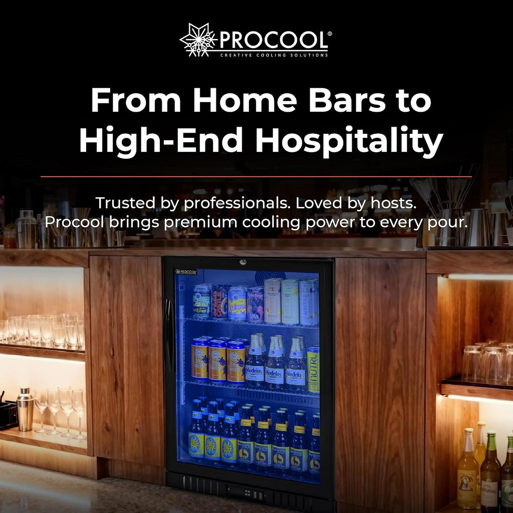 Procool 1-Door Counter Height Beverage Refrigerator - 24' Wide Energy Efficient Black Beer Fridge With Glass Door & Blue LED Lighting - Commercial Back Bar Cooler