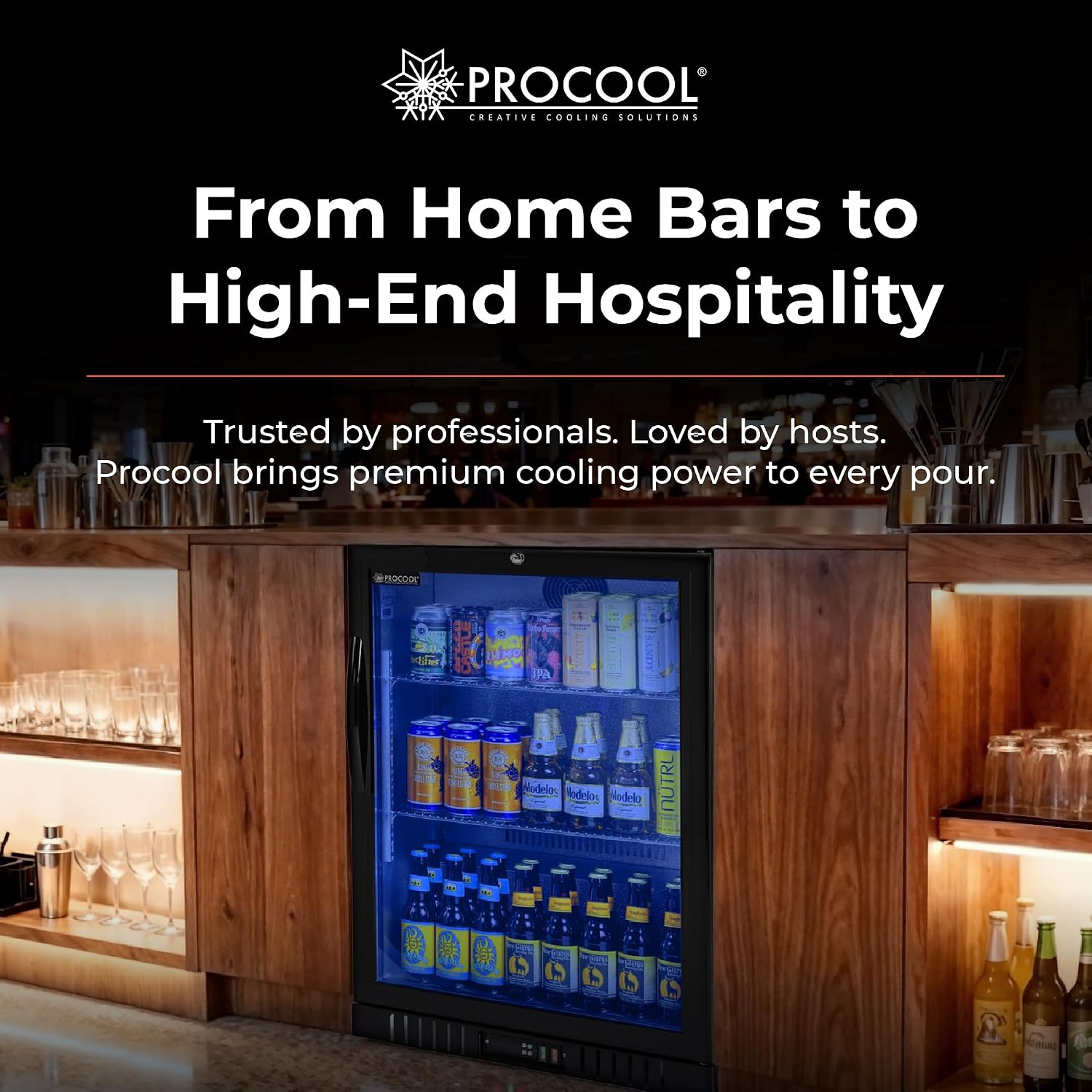 Procool 1-Door Counter Height Beverage Refrigerator - 24' Wide Energy Efficient Black Beer Fridge With Glass Door & Blue LED Lighting - Commercial Back Bar Cooler