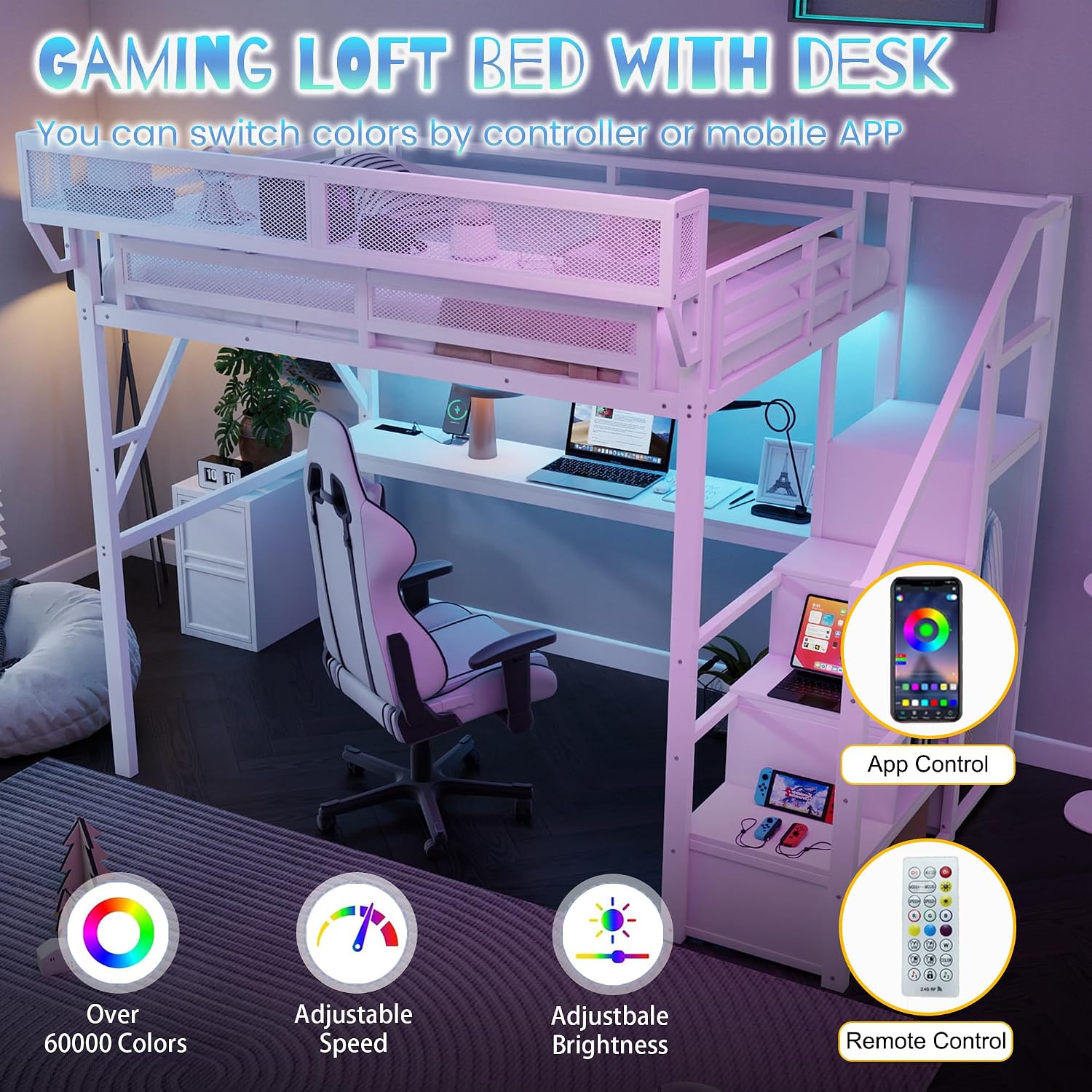 Full Loft Bed with Desk and Stairs, Metal Lofts Bed Full Size with Upper Storage Shelf, Gaming LoftBed with LED, Charging Station and Wardrobe for Teens, Adults,White