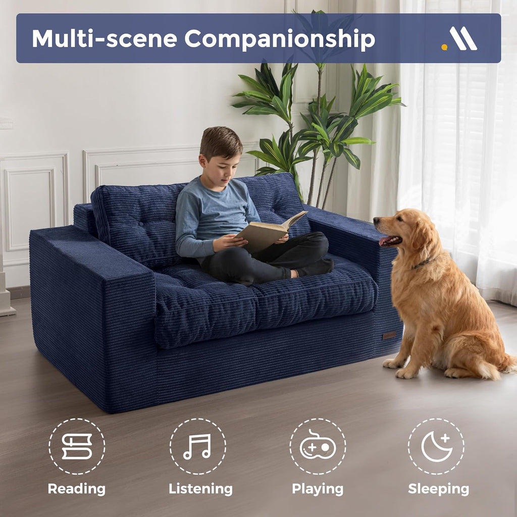 MAXYOYO Bean Bag Chair for Adults, Upholstered Floor Sofa with Armrests, Loveseat Boneless Couch with Tufted Cushion & Backrest, Sofa in A Box, Large Bean Bag Couch for Bedroom Living Room, Navy
