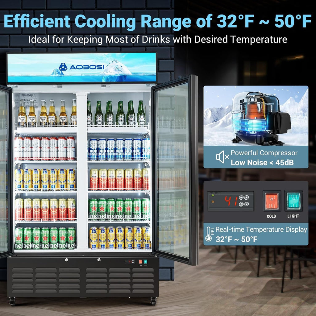 AAOBOSI 44'Commercial Merchandiser Refrigerator,27.02 Cu.Ft Glass Door Display Refrigerator,Upright Beverage Fridge with Soft LED Light,Customizable Lightbox,Universal Casters,Adjustable Shelves