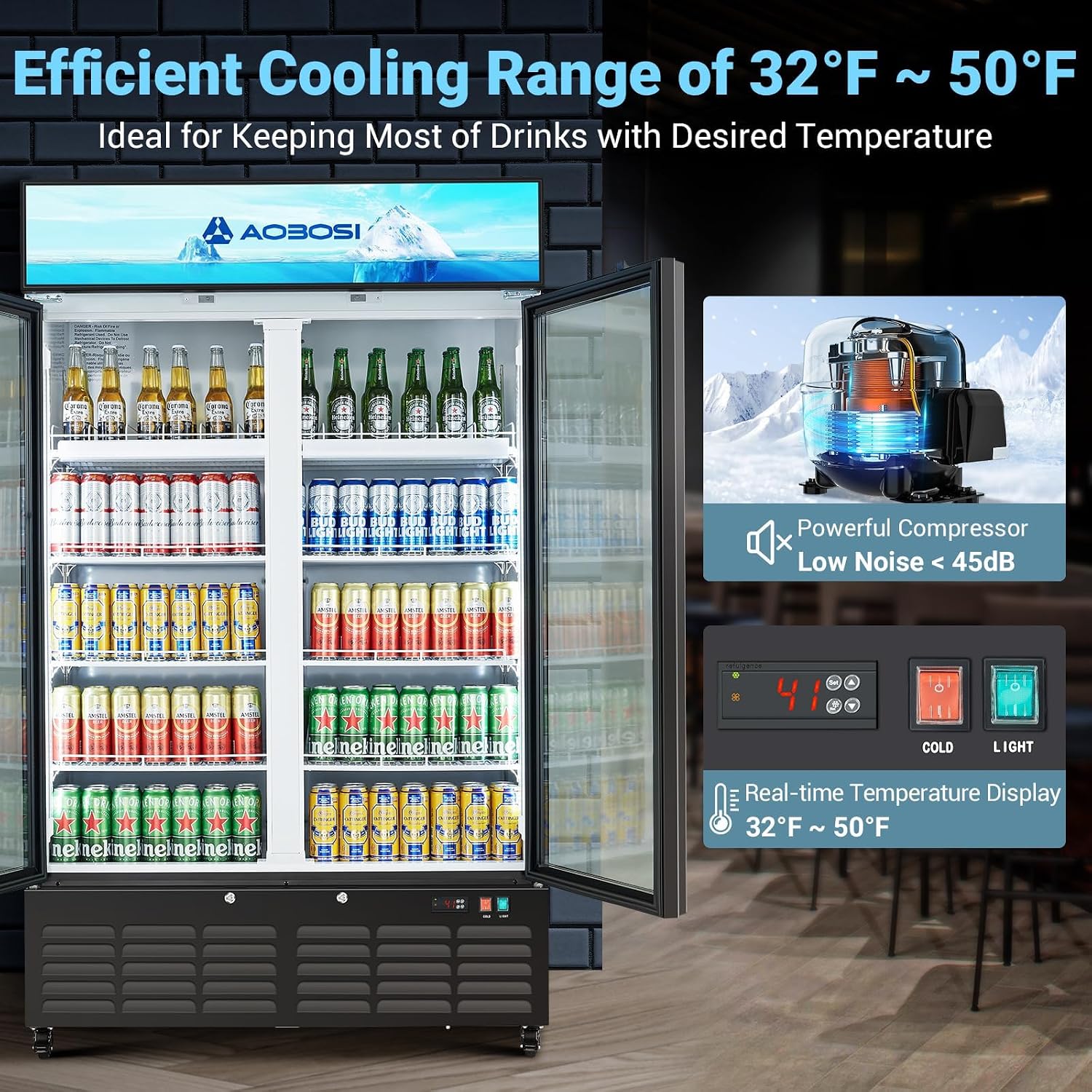 AAOBOSI 44'Commercial Merchandiser Refrigerator,27.02 Cu.Ft Glass Door Display Refrigerator,Upright Beverage Fridge with Soft LED Light,Customizable Lightbox,Universal Casters,Adjustable Shelves
