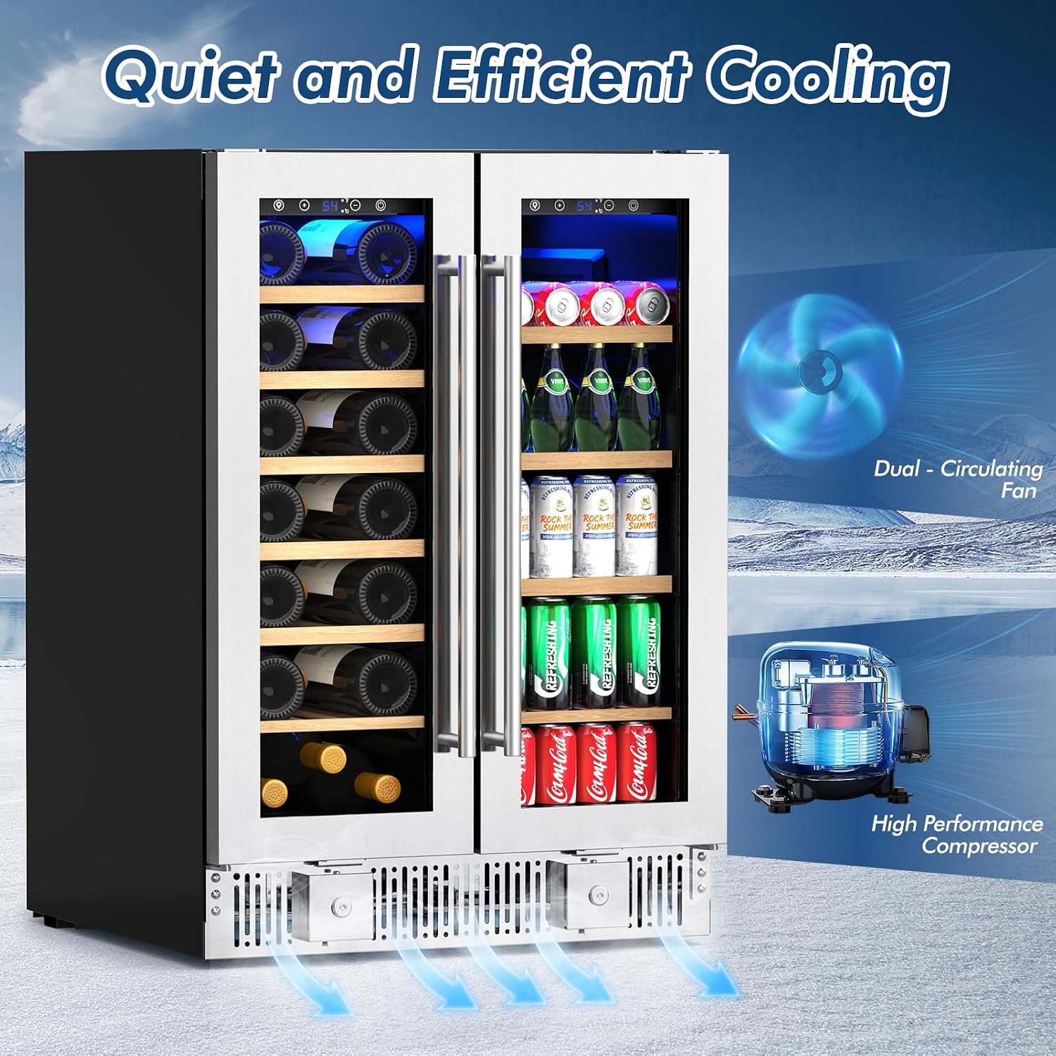 Antarctic Star Dual Zone Wine and Beverage Refrigerator, 24 Inch 4.4 Cu.Ft Built-in or Freestanding Under Counter Cooler with French Glass Doors, Fits 21 Bottles and 88 Cans, Digital Touch Control