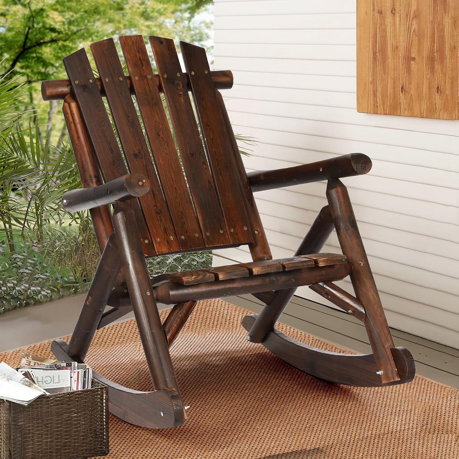 HOMEDIARY Wooden Adirondack Rocking Chair, Patio Log Rocker Outdoor Lounge Chair with Slatted Wooden Design, High Fanned Back & Classic Rustic Style for Garden Patio Backyard Porch, Carbonized