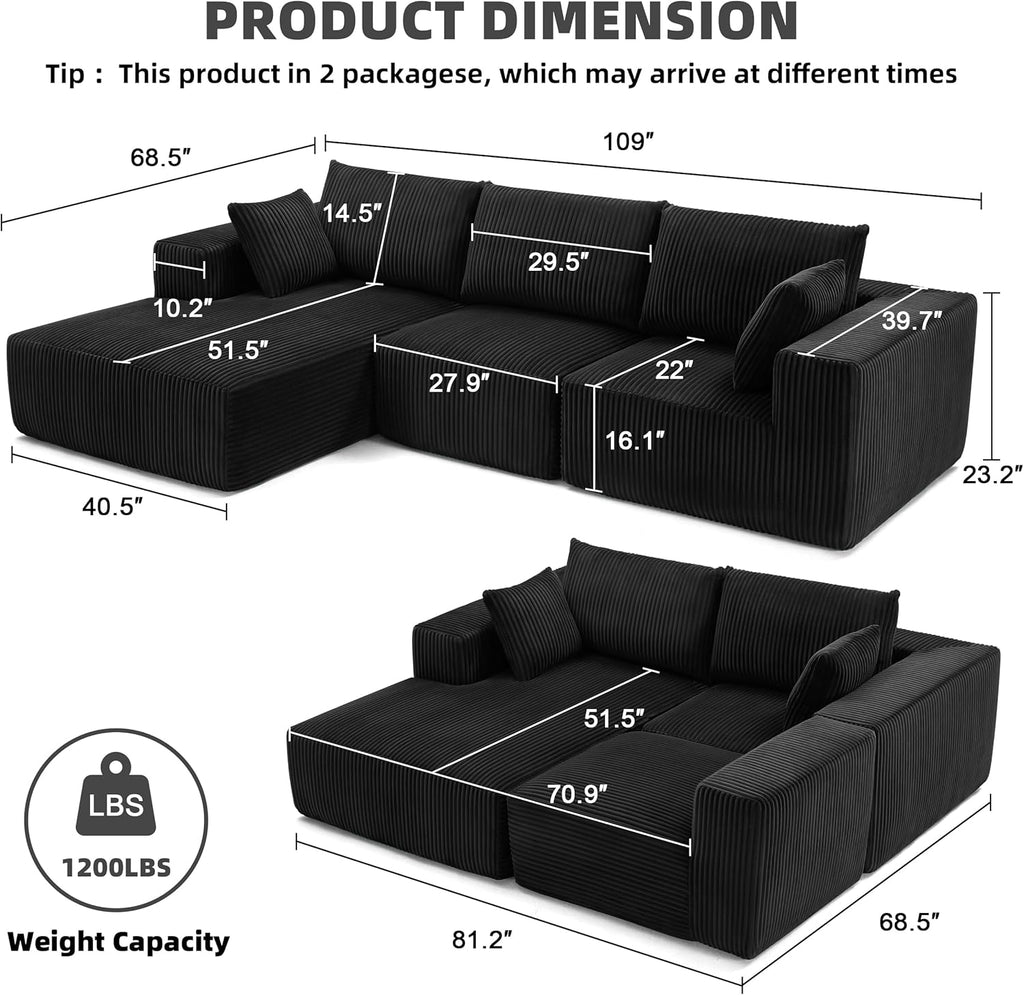 108' Modular Sectional Sofa, Cloud Sectional Couch with Deep Seat, Modern Modular L-Shape Sofa Couch with Chaise,Upholstered Boneless Couches for Living Room Bedroom (Black, Left Facing Chaise)