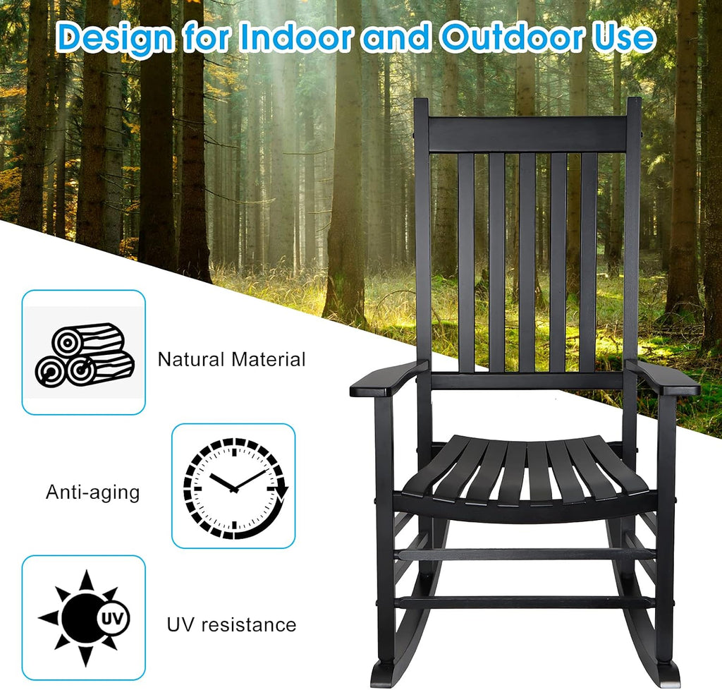 GnL Recsports Patio Rocking Chair, Outdoor Rocking Chair, Wood Porch Rocker, Wooden Rocking Chair for Adult for Garden, Lawn, Balcony, Backyard and Patio (2 Black)