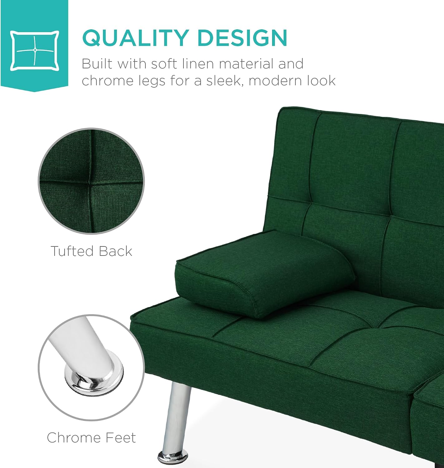 Best Choice Products Linen Modern Folding Futon, Reclining Sofa Bed for Apartment, Dorm w/Removable Armrests, 2 Cupholders - Dark Green