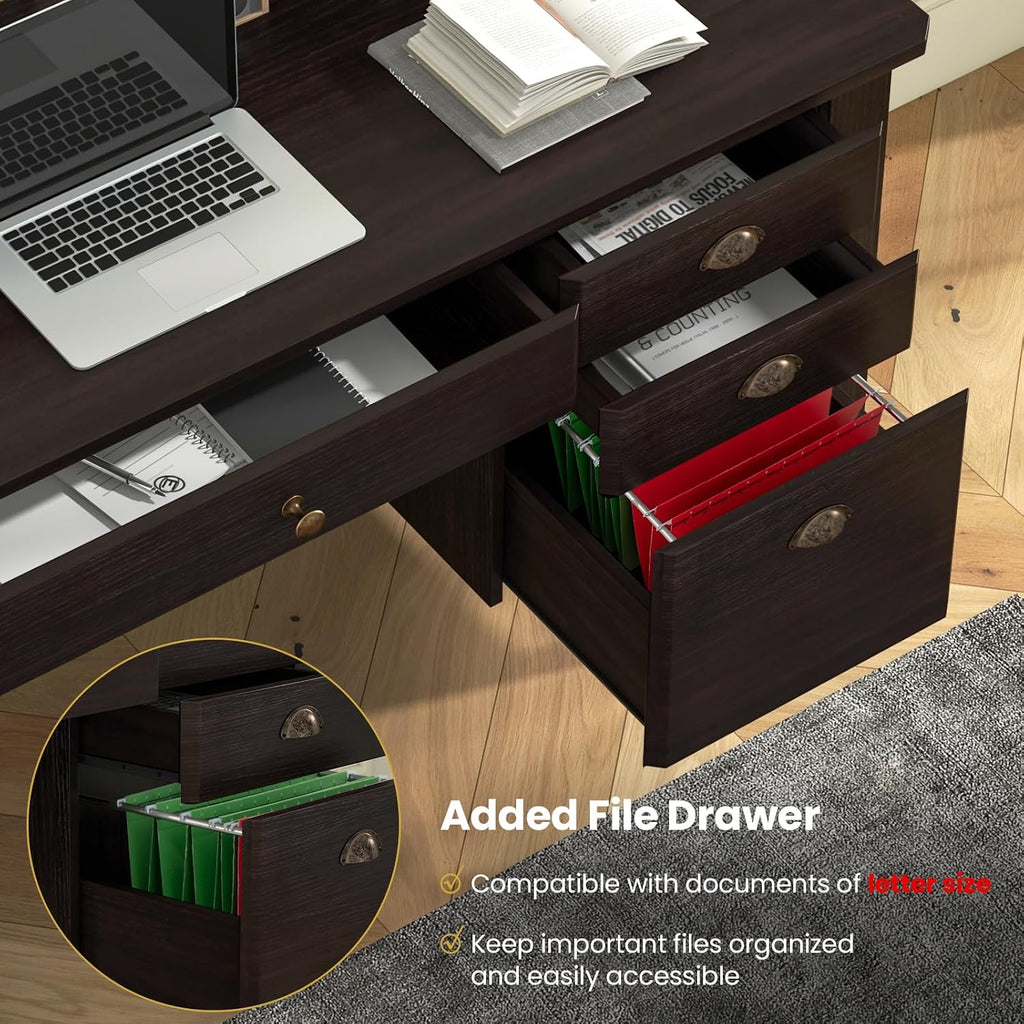 Tangkula Computer Desk with 4 Storage Drawers & Hutch, Home Office Desk Vintage Desk with Storage Shelves, Wooden Executive Desk Writing Study Desk (Black)