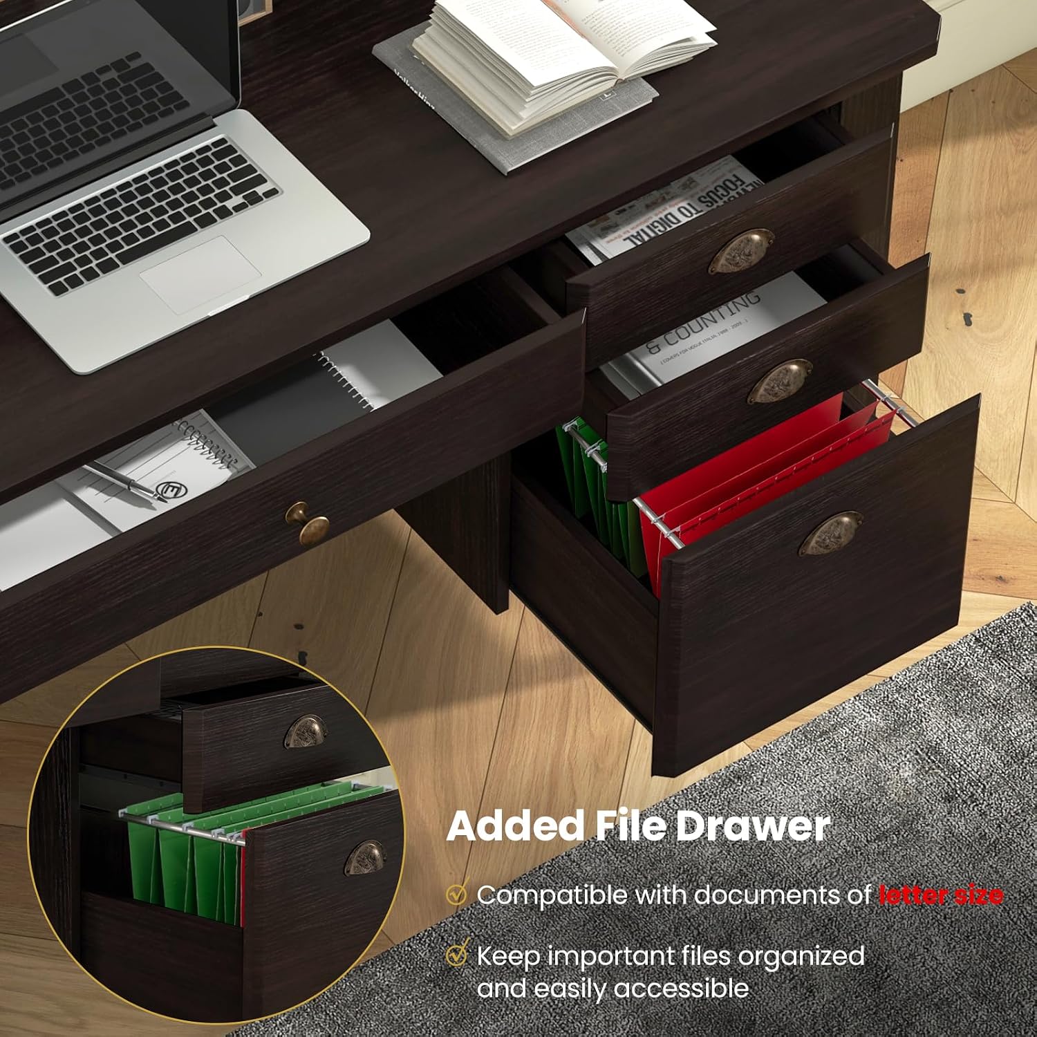 Tangkula Computer Desk with 4 Storage Drawers & Hutch, Home Office Desk Vintage Desk with Storage Shelves, Wooden Executive Desk Writing Study Desk (Black)