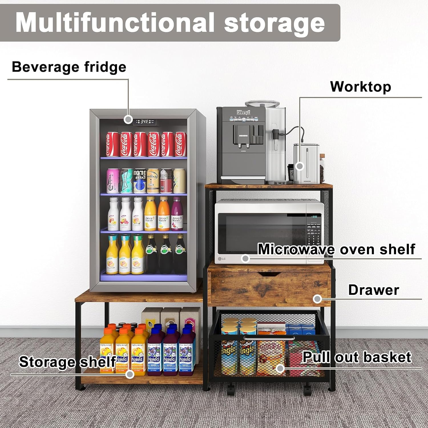 PUNCIA Mini Fridge Stand with Storage, Coffee Bar Cabinet with Power Outlet and Drawer, Microwave Oven Stand with Rolling Basket, Beverage Refrigerator Table for Home, Dorm, Apartment, Pantry, Retro