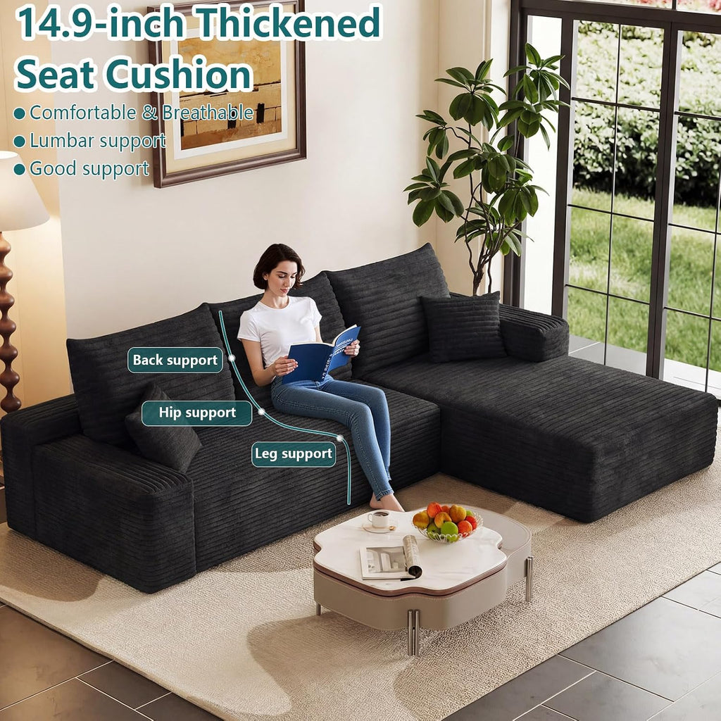 95' Modular Sectional Couch, Boneless L Shaped Cloud Sofa with Chaise Lounge, Corduroy Upholstered Couches Memory Foam Deep Seat, No Assembly Required, Ideal for Living Room(Black, Right Facing)