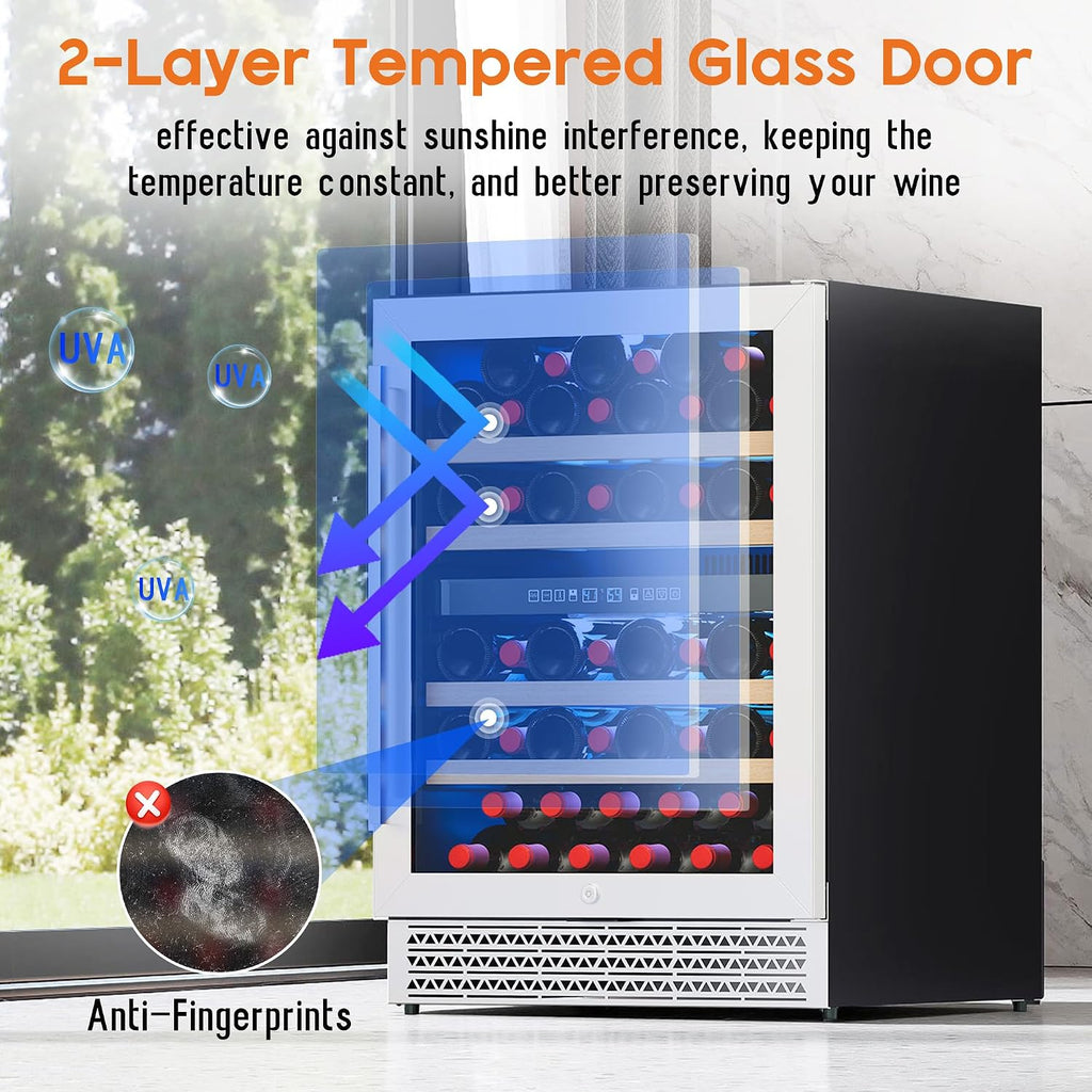 Albott 24 Inch Wine Fridge, Dual Zone 49 Bottle Wine Cooler 41–68℉ with Digital Temperature Control, Reversible Double-Layer Glass Door, Built-in or Freestanding Design for Home and Bar