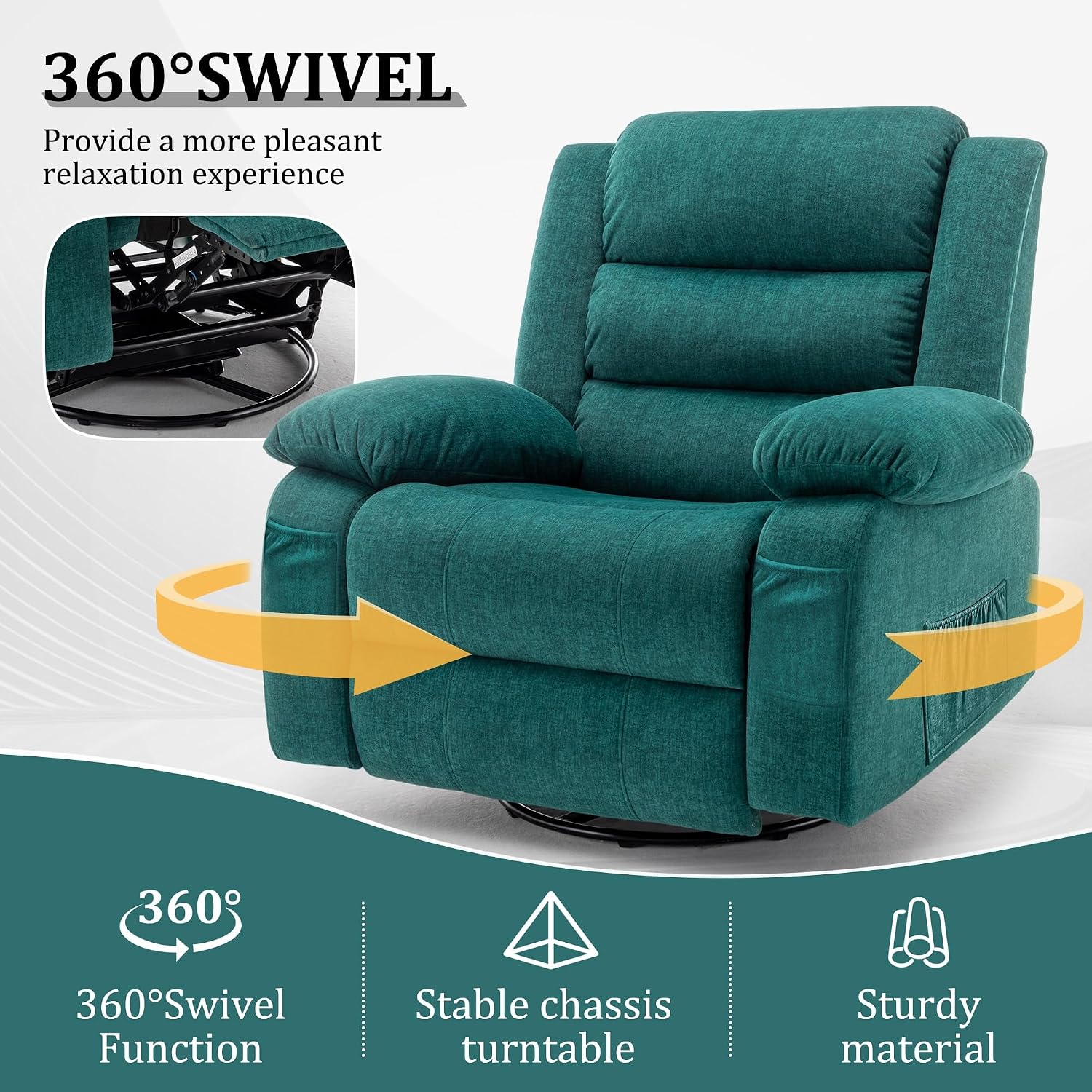 Korser Recliner Chair for Adults, Oversized 360° Swivel Rocker Recliner with Massage and Heat, Wide Nursery Glider Rocking Chair with Side Pockets, Cashmere Reclining Sofa for Living Room (Green)