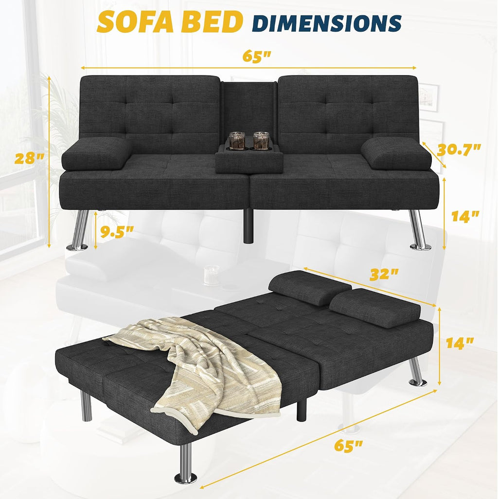 Furmax Futon Sofa Bed Adjustable Futon Couch Sleeper Sofa Bed for Living Room, Business Office, Recliner Sofas with Cup Holders (Fabric, Black)
