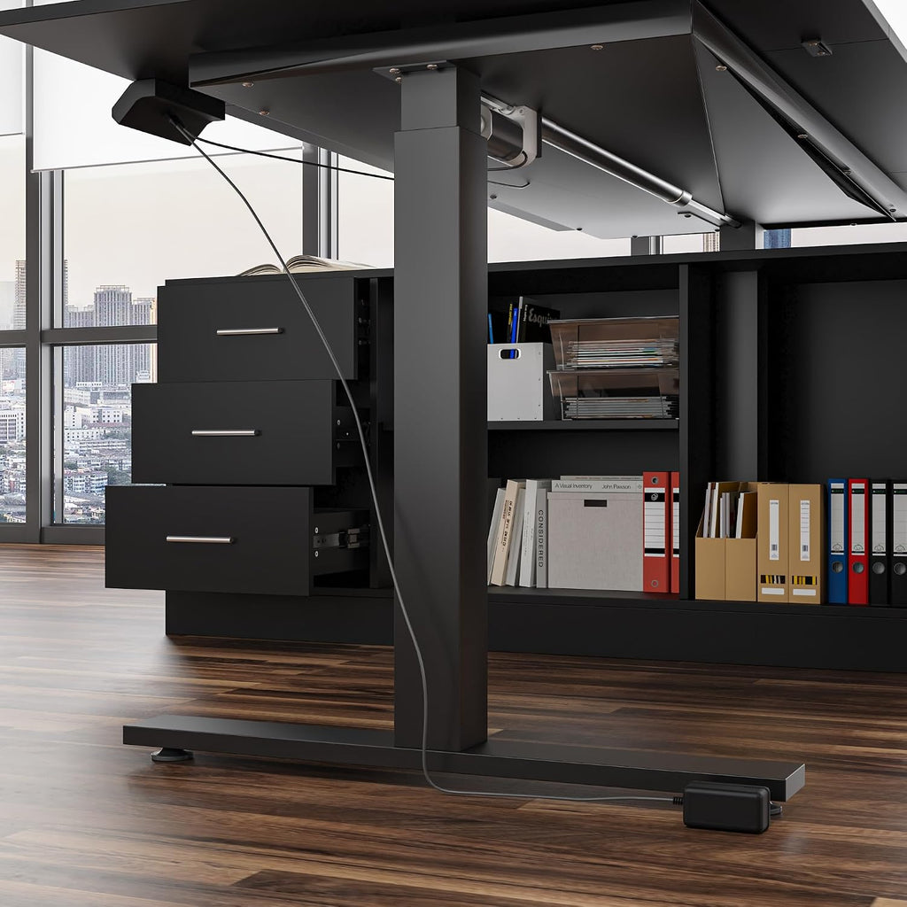Homsee Home Office L Shaped Electric Standing Desk with Drawers and Shelves, Height Adjustable & Shape Reversible Stand up Desk, 63' Computer Executive Corner Table, Black