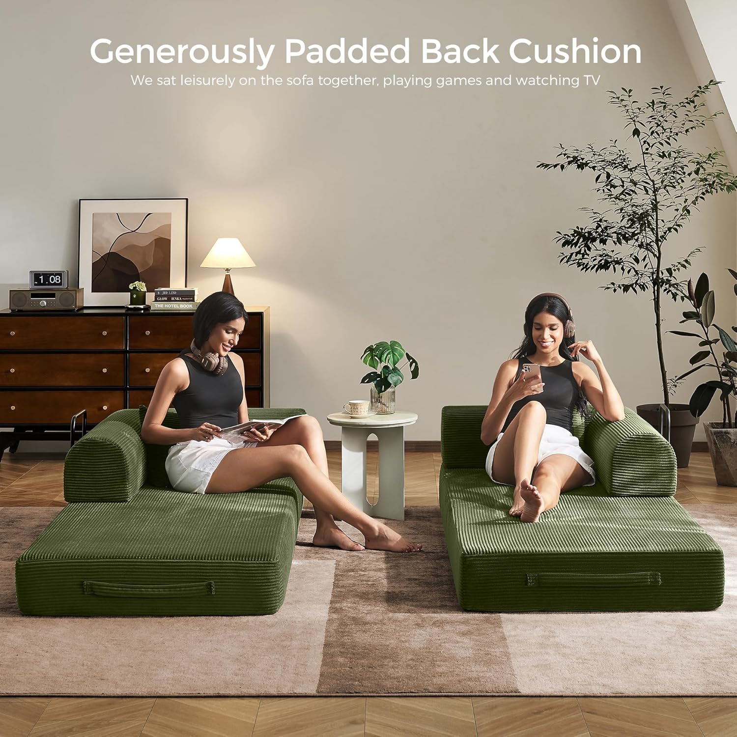 79' Convertible Sofa Bed with Fixed-Shape Frame & Removable Armrests, Modular Corduroy Sleeper Sofa, Folding Mattress Couch for Small Spaces - No Assembly Needed in Green (Includes 2 Pillows)