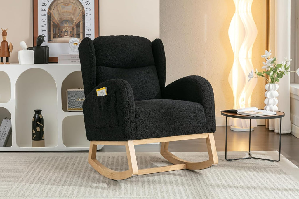 Nursery Glider Chair - Wingback Teddy Upholstered Rocking Chair with High Backrest, Ergonomic Rocker Chair for Breastfeeding & Baby Room, Modern Accent Armchair for Living Room & Bedroom, Black