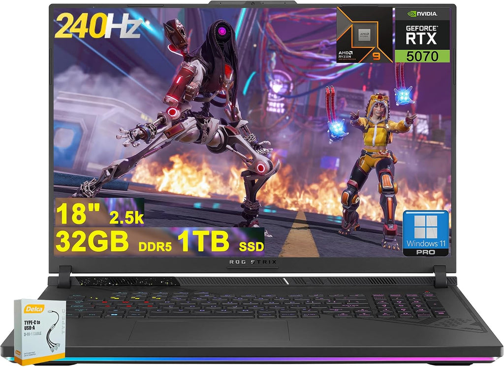 ASUS ROG Strix G18 G814 Gaming Laptop | 18' 2560x1600 240Hz 100% DCI-P3 | AMD 16-core Ryzen 9 9955HX (>i9-14900HX) | 32GB DDR5 1TB SSD | GeForce RTX 5070 | RGB Backlit Wi-Fi6E Win11 w/DLCA Accessory