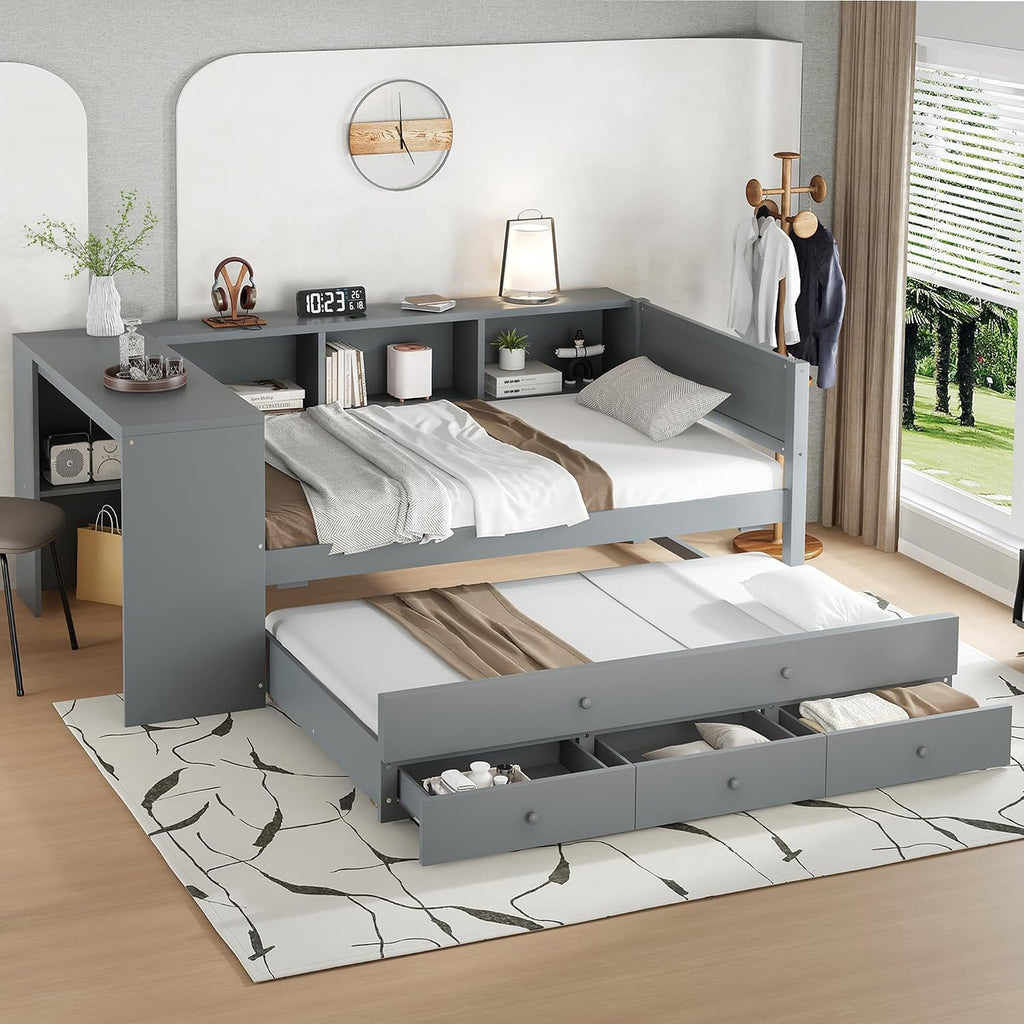 SOFTSEA Twin Size Daybed with Trundle & 3 Storage Drawers, Corner Bed with Desk and Bookcase Headboard, Wooden Daybed with Pull Out Trundle and Storage Shelves for Kids Teens, Grey
