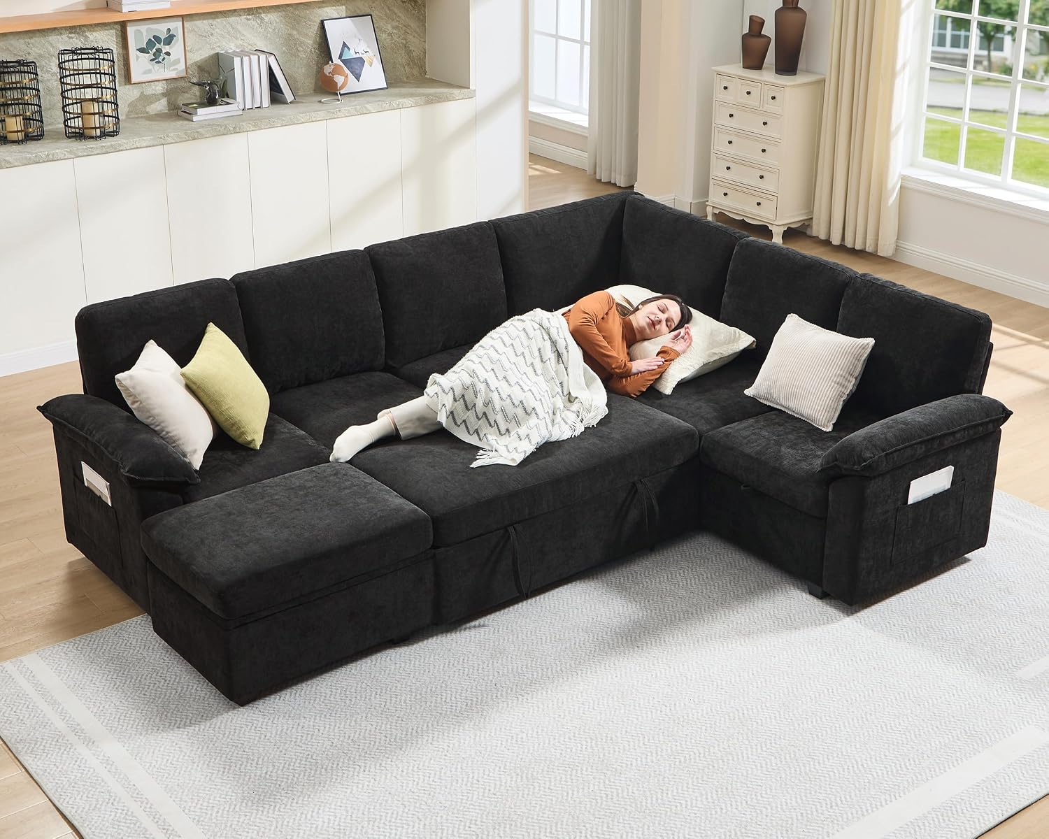 VanAcc 105' Sofa Bed, Sectional Sleeper Sofa with Pull Out Bed/Reclining Backrest, 6 Seater Couches for Living Room, Sleeper Couch Bed with Storage, Chenille Black