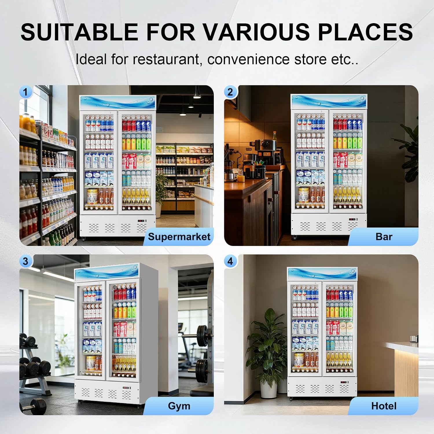 42'W Commercial Glass Door Display Refrigerator 30 Cu.ft White Cooler Beverage Fridge with LED Light and 10 Shelves for Cafe Restaurant Store Bar