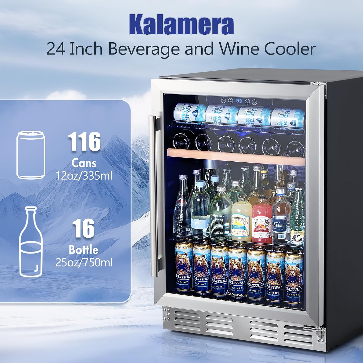 Kalamera Mini Fridge 24 Inch Undercounter Beverage and Wine Cooler Refrigerator Built-in or Freestanding - 118 Cans & 15 Bottles Capacity with LED Light Glass Door
