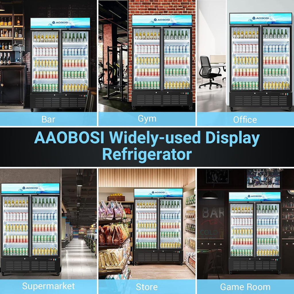 AAOBOSI 50' Wide Commercial Merchandiser Refrigerator,36.8 Cu.Ft Glass Door Display Refrigerator,Upright Beverage Fridge with Soft LED Light,Customizable Lightbox,Universal Casters, Adjustable Shelves